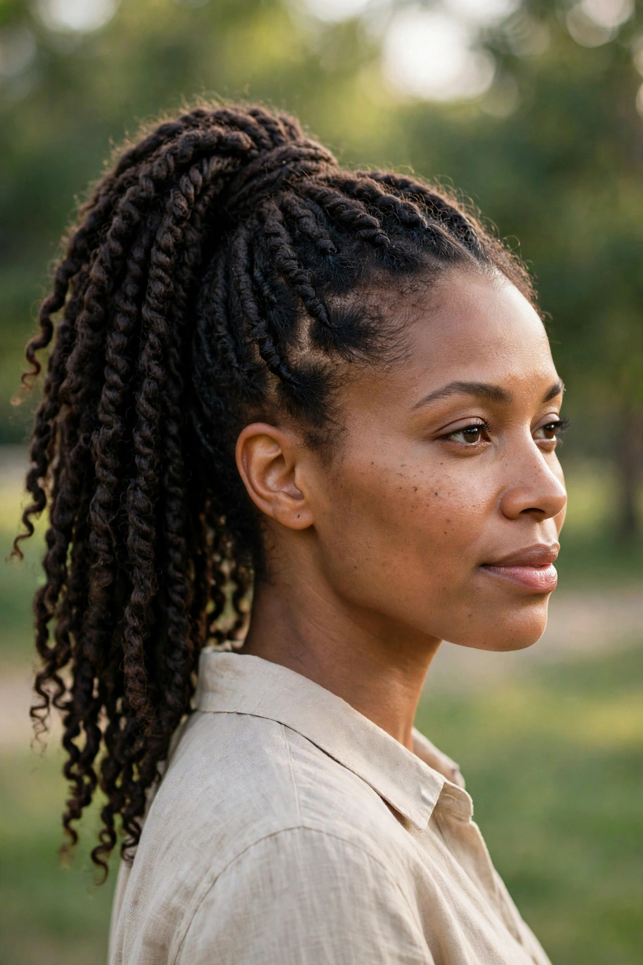 A woman with passion twists gathered into a high ponytail, photographed outdoors in gentle afternoon light with blurred greenery behind her, from a three-quarter angle.