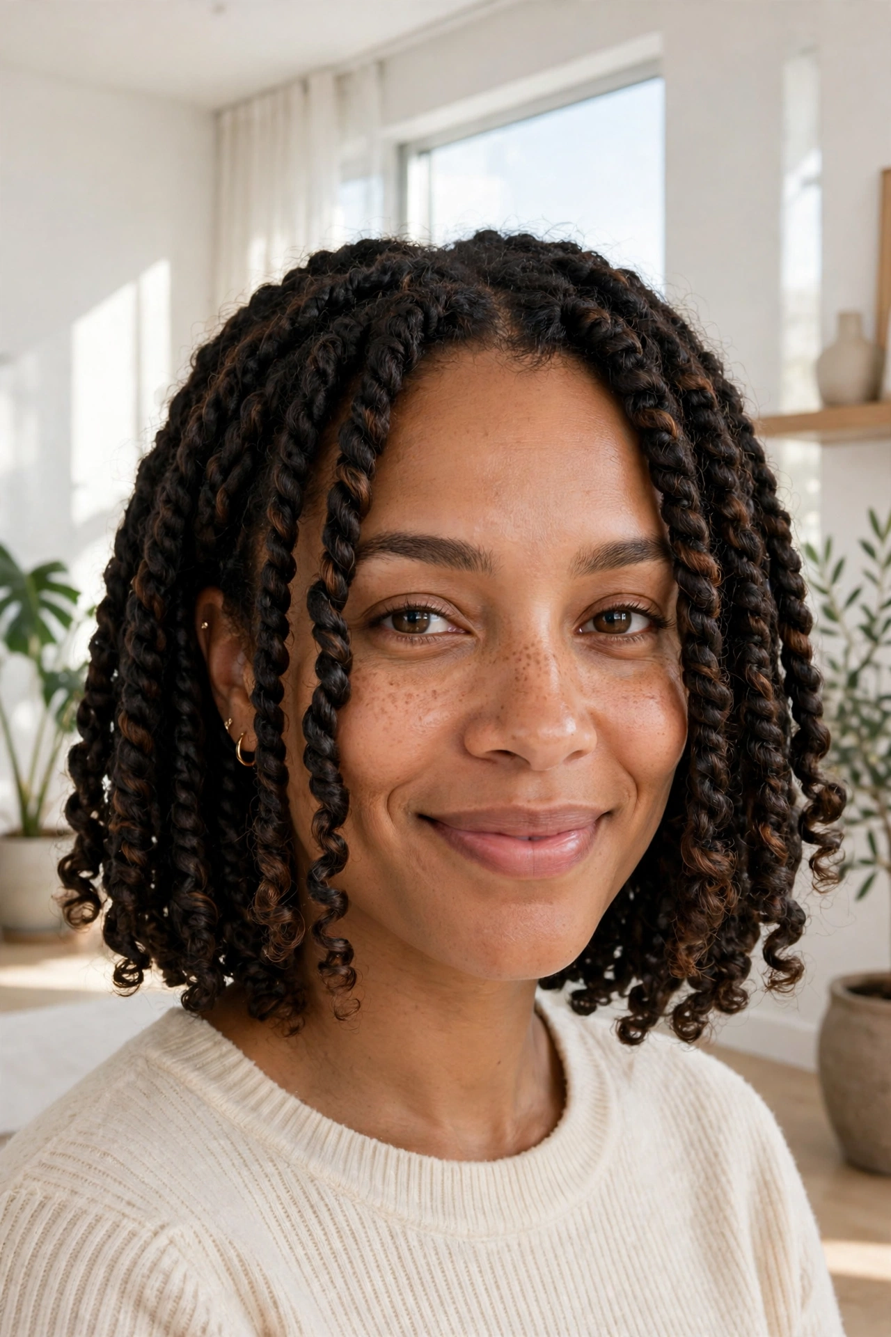 A woman with a bob-length passion twist style and face-framing layers, smiling softly in a bright modern room, shown from the shoulders up.