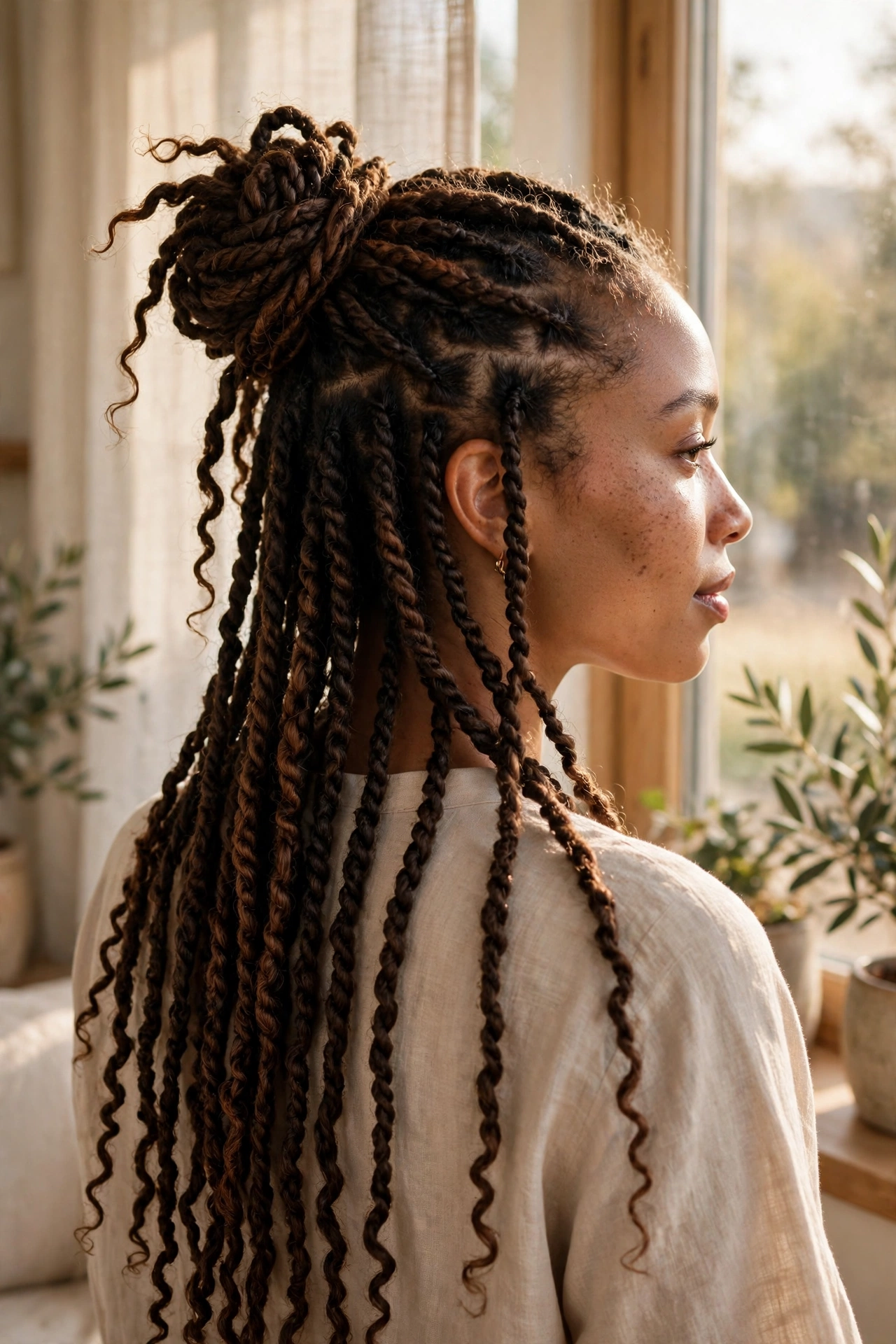 A woman with passion twists styled in a half-up bun, photographed in warm natural light by a window, with the loose twists falling down her back.