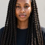A woman with classic long Senegalese twists falling past her shoulders, photographed from the front in bright daylight against a neutral background, wearing a simple dark top, with the smooth rope texture clearly visible.