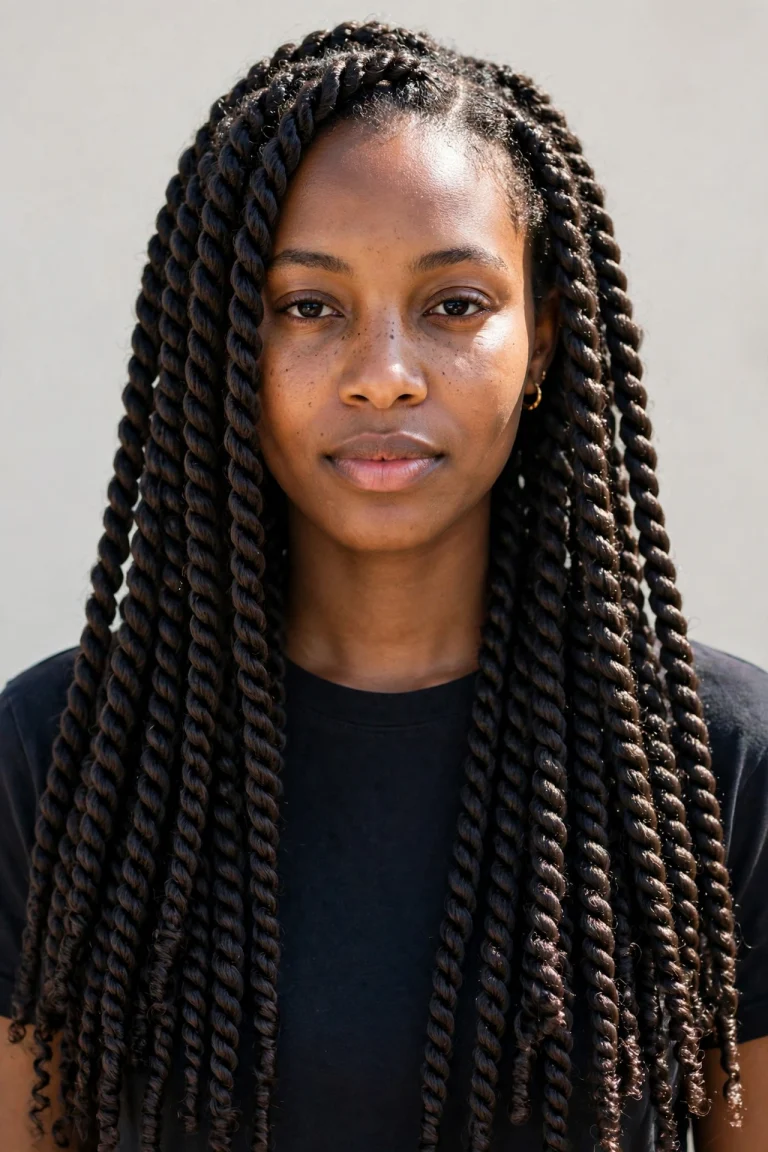 A woman with classic long Senegalese twists falling past her shoulders, photographed from the front in bright daylight against a neutral background, wearing a simple dark top, with the smooth rope texture clearly visible.
