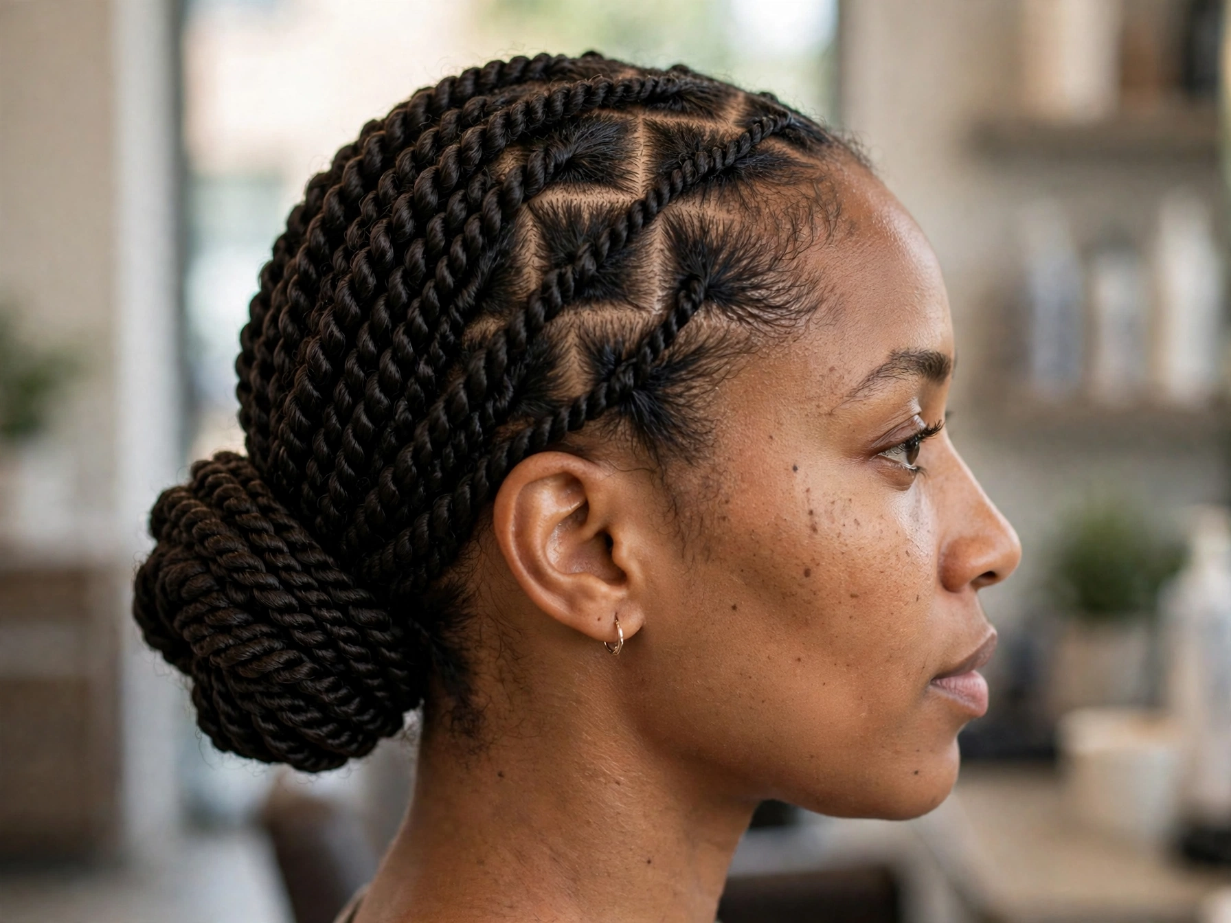 Close-up side view of a woman with Senegalese twists in a sleek low bun, showing the neat twisted texture and clean partings in soft salon light.