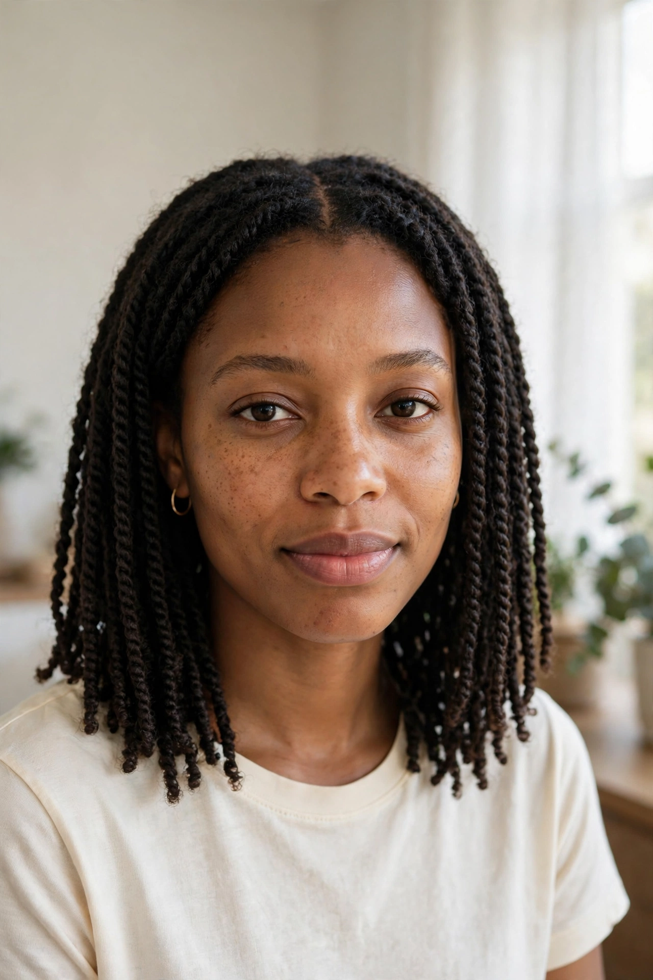 A woman with shoulder-length Senegalese twists and a centre part, photographed in a bright room with soft window light, from the shoulders up, the ends curling very slightly at the tips.