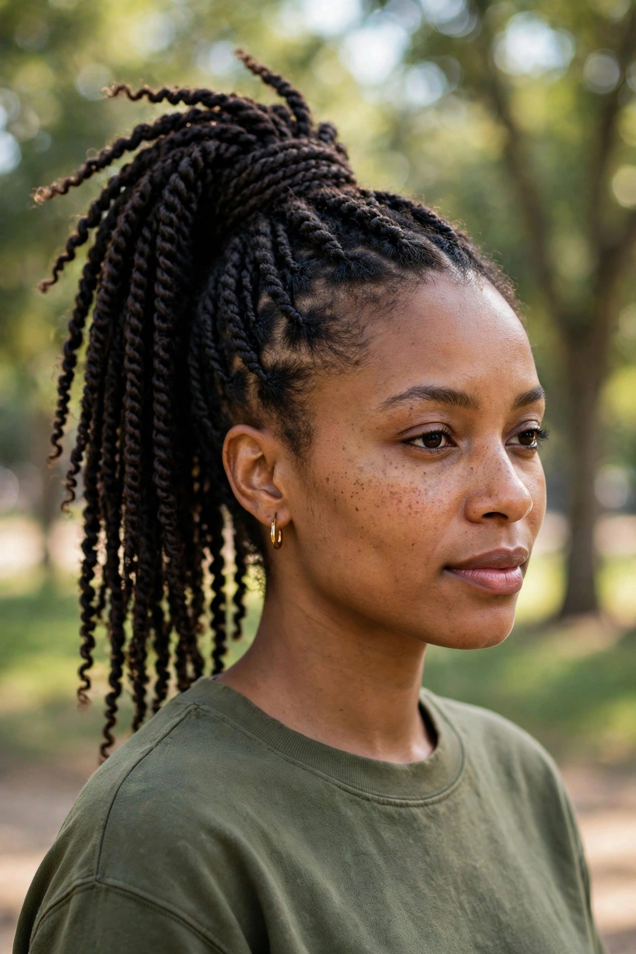 A woman with Senegalese twists in a high ponytail, photographed outdoors in gentle daylight with blurred trees behind her, from a three-quarter angle.