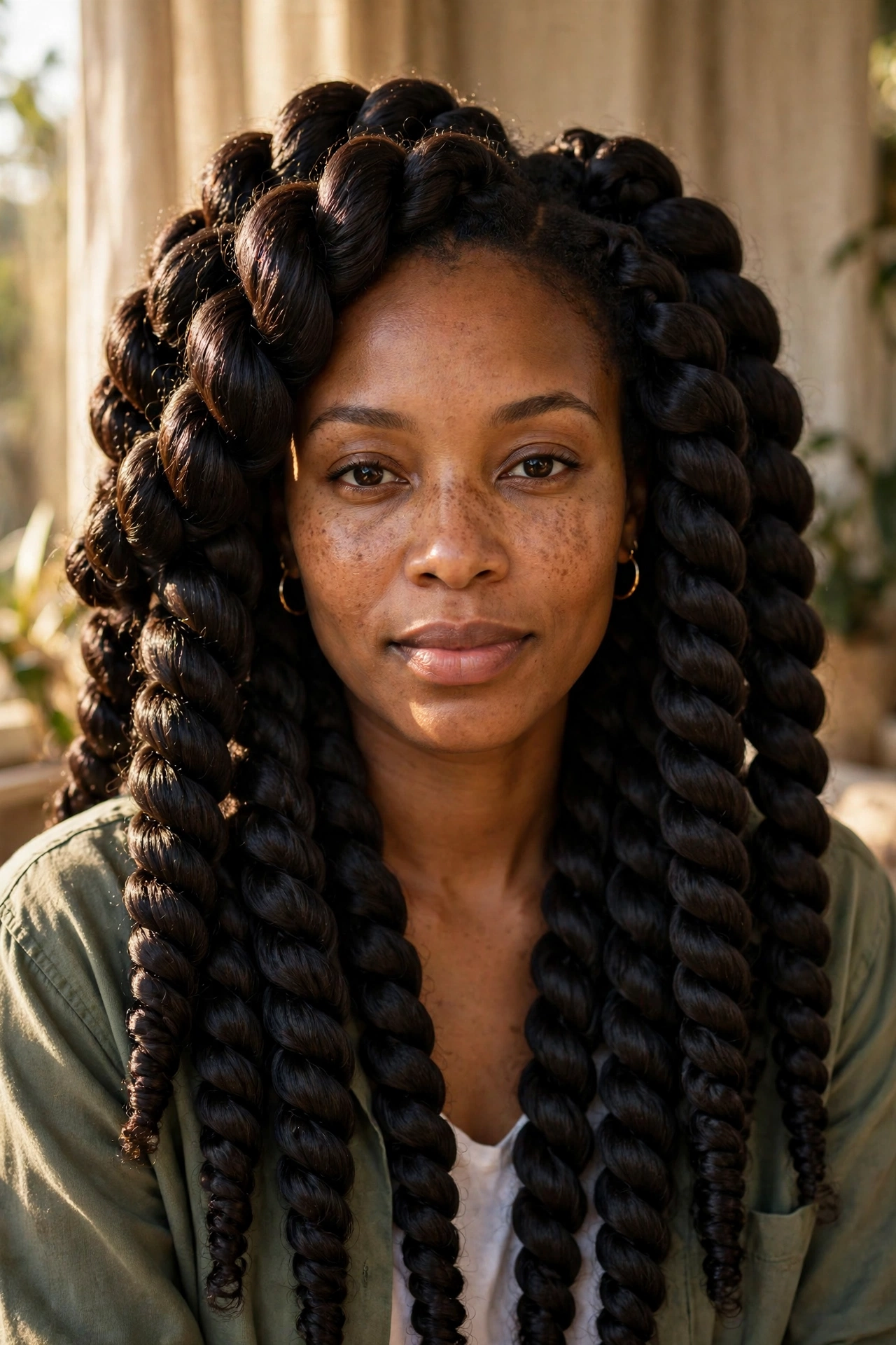 A woman with jumbo Senegalese twists, photographed from the front in warm natural light, showing the bold, smooth twist size and polished finish.