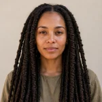 A woman with classic long faux locs falling over her shoulders, photographed from the front in bright daylight against a neutral background, wearing a simple earth-toned top, with the wrapped loc texture clearly visible.