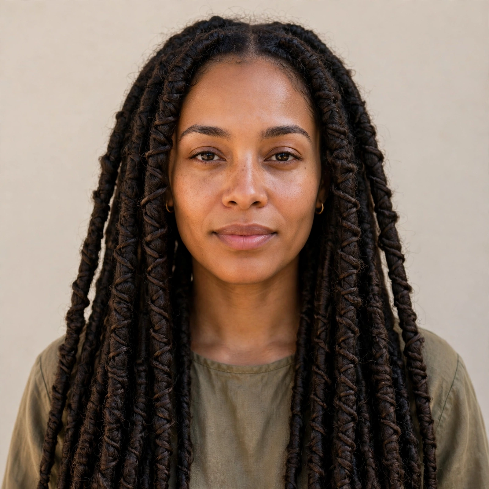 A woman with classic long faux locs falling over her shoulders, photographed from the front in bright daylight against a neutral background, wearing a simple earth-toned top, with the wrapped loc texture clearly visible.