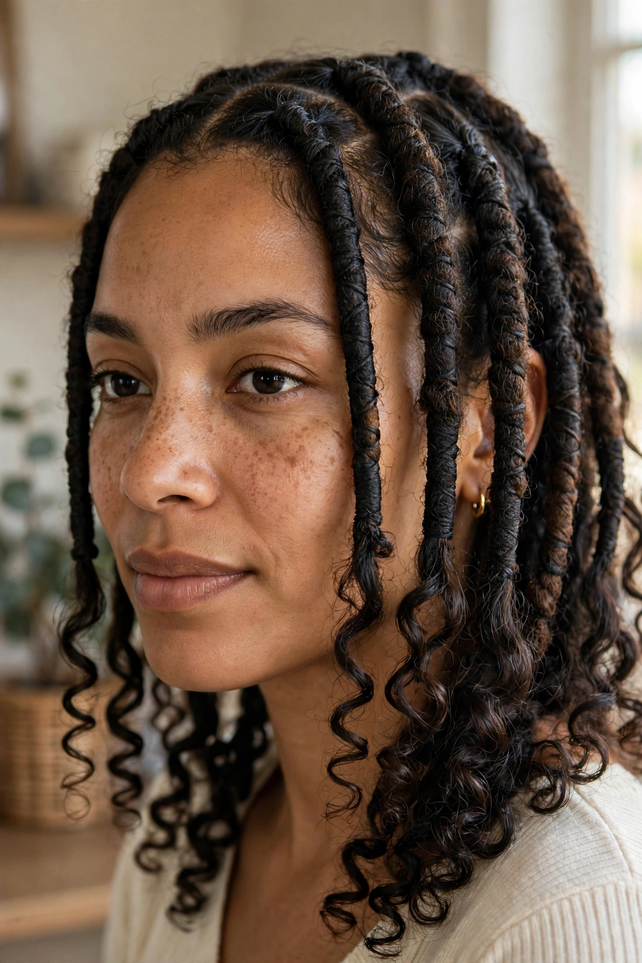 Close-up of a woman with faux locs and curly ends, in soft indoor light, showing the contrast between the wrapped locs and the loose curls.