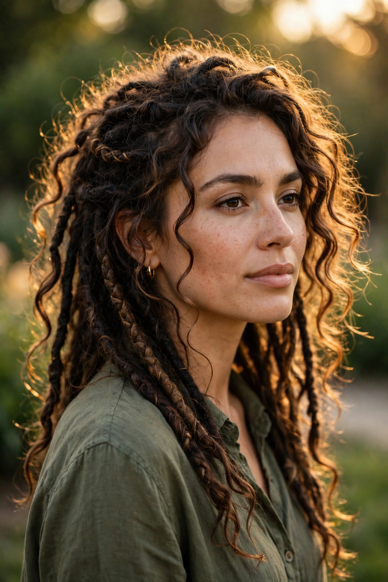 A woman with boho faux locs and loose curls, photographed outdoors in golden afternoon light with blurred greenery behind her, from a three-quarter angle.
