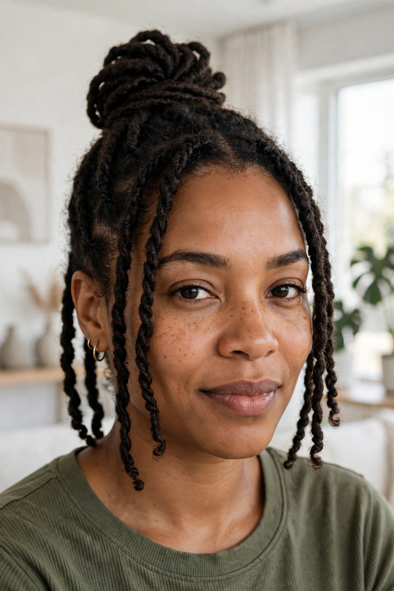 A woman with faux locs styled in a top knot, photographed in a bright modern room, shown from the shoulders up with thin face-framing strands framing her face.