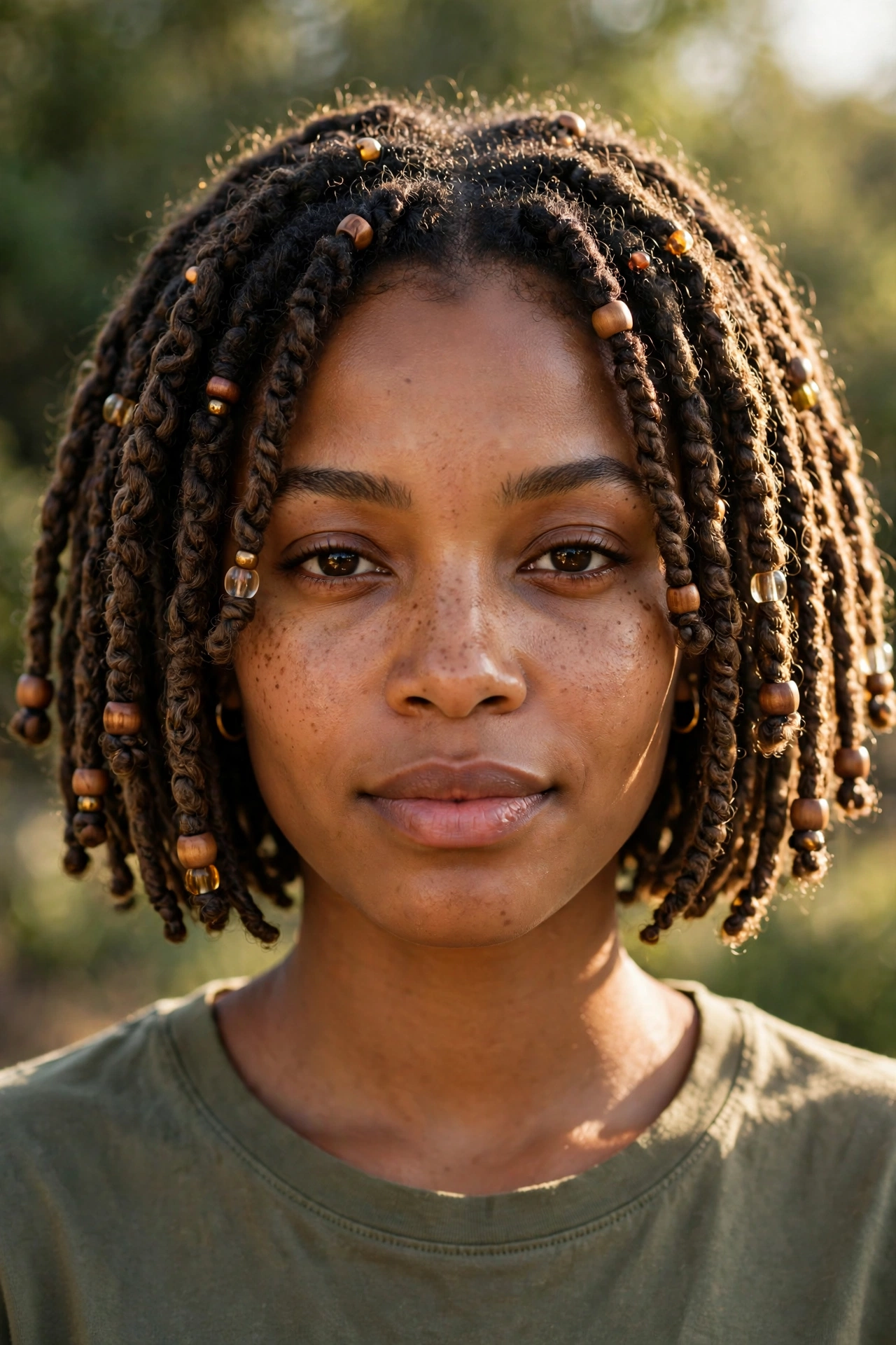 A woman with short bob faux locs and beads distributed throughout the bob, photographed from the front in warm natural light, with the textured loc finish in focus.