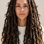 A woman with classic long butterfly locs, photographed from the front in bright daylight against a neutral background, wearing a cream top, with the loopy, textured loc finish clearly visible.