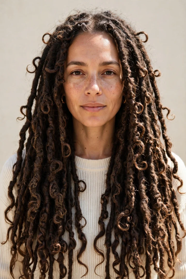 A woman with classic long butterfly locs, photographed from the front in bright daylight against a neutral background, wearing a cream top, with the loopy, textured loc finish clearly visible.