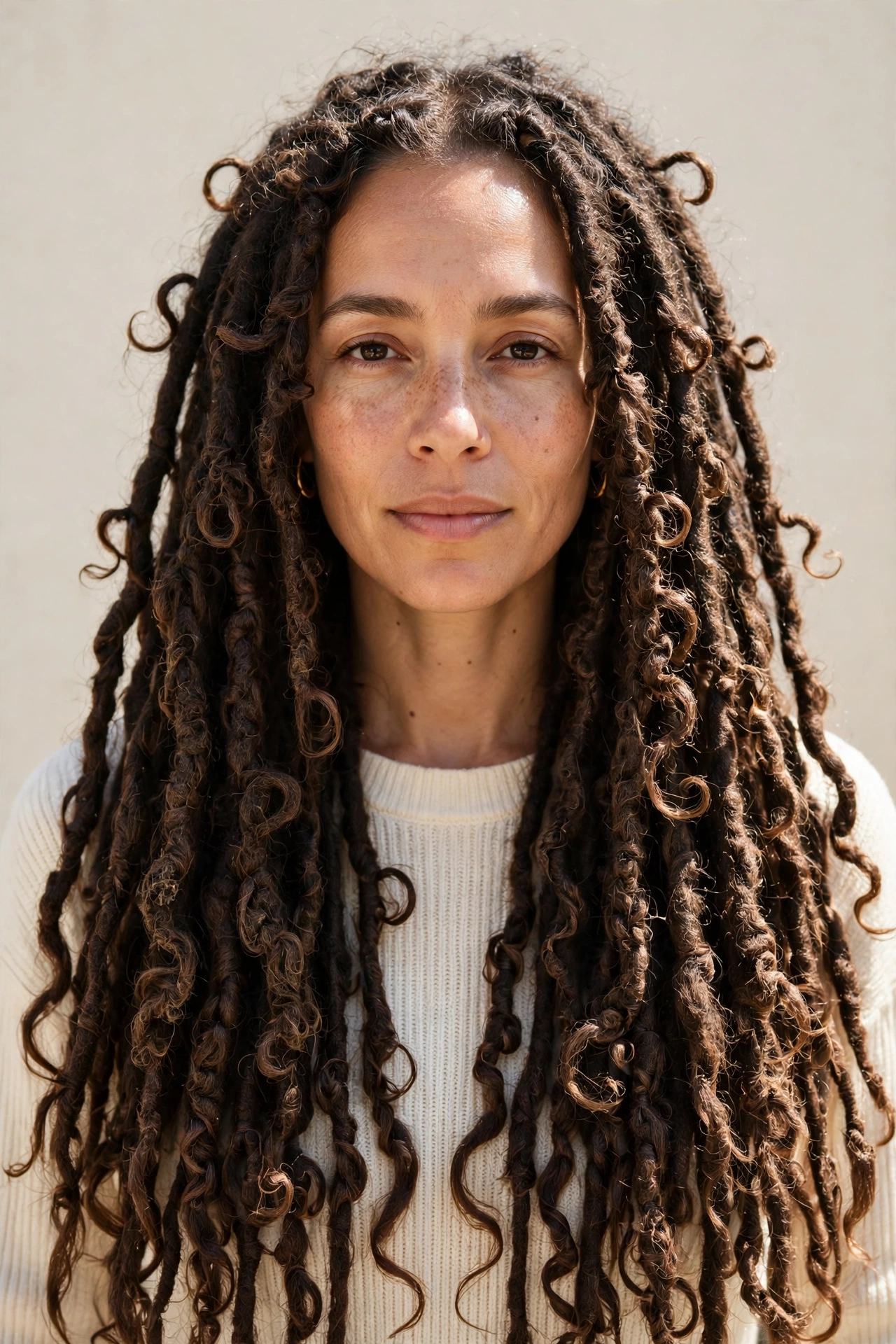 A woman with classic long butterfly locs, photographed from the front in bright daylight against a neutral background, wearing a cream top, with the loopy, textured loc finish clearly visible.