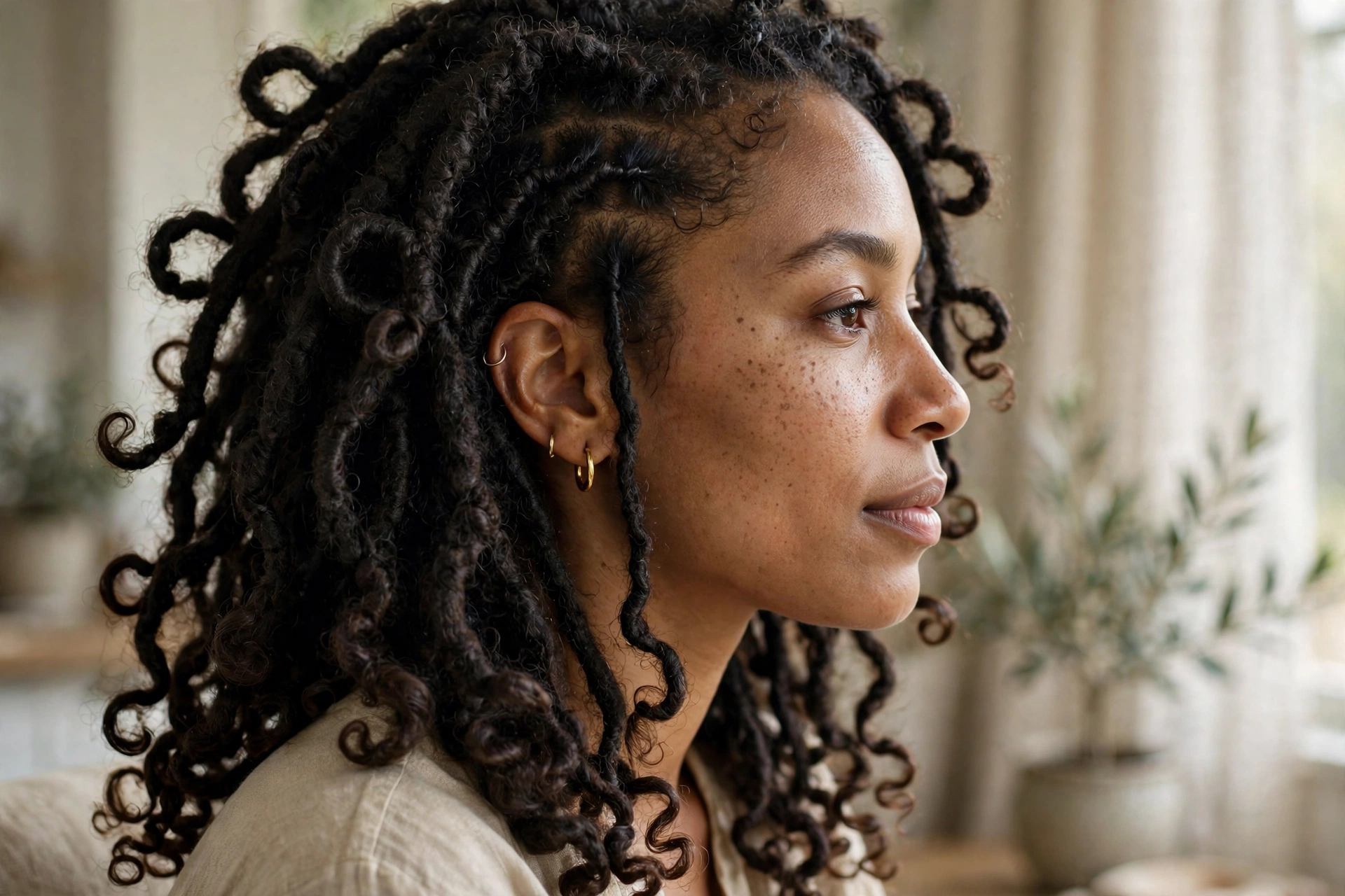 Close-up side view of a woman with butterfly locs and curly ends, in soft indoor daylight, showing the distressed loops and soft volume.