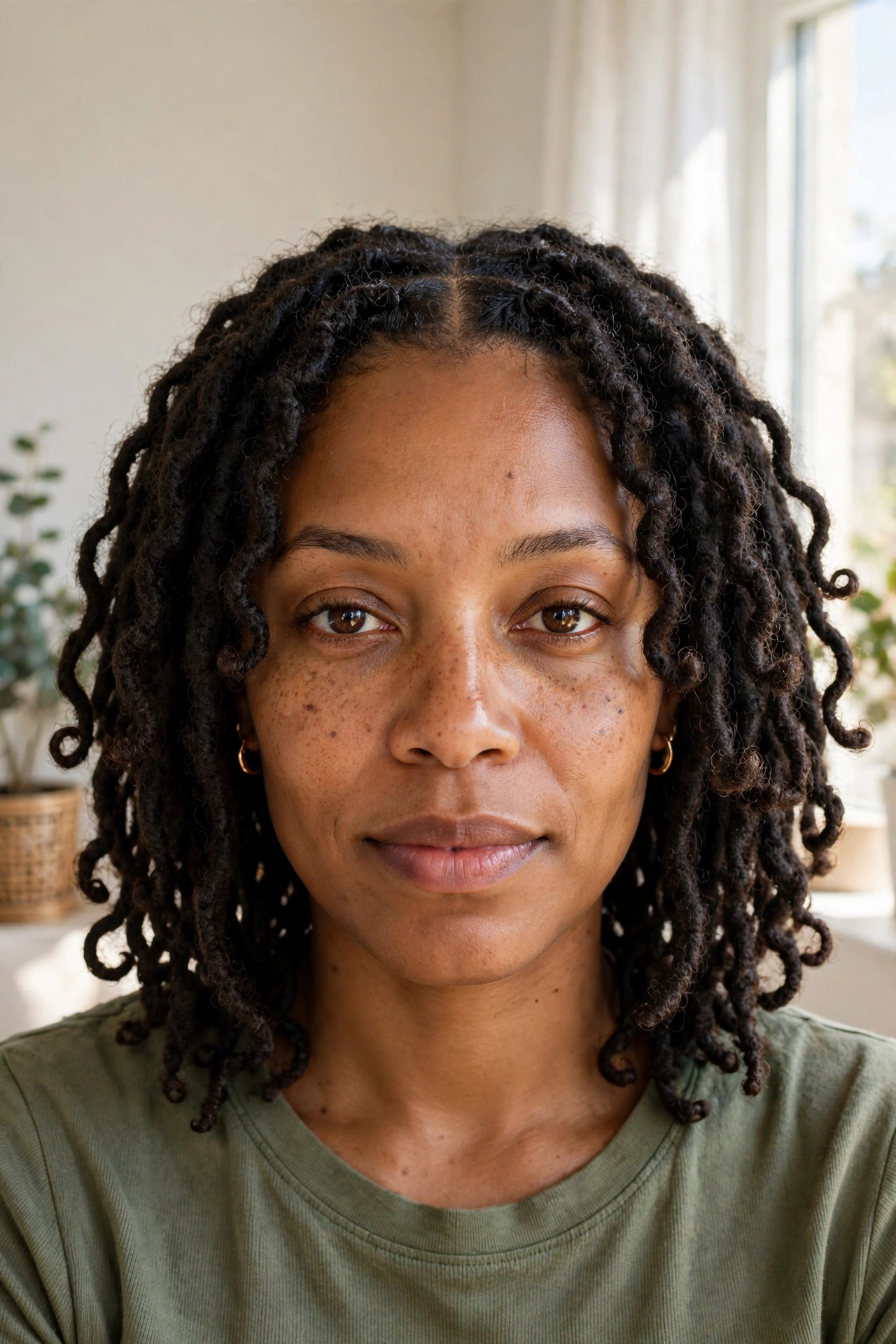 A woman with shoulder-length butterfly locs and a centre part, photographed in a bright room with window light, from the shoulders up.