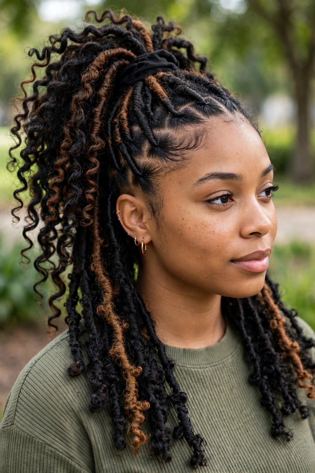 A woman with butterfly locs in a high ponytail, photographed outdoors in gentle daylight with blurred greenery behind her, from a three-quarter angle, several locs showing warm brown and caramel highlights mixed with black.