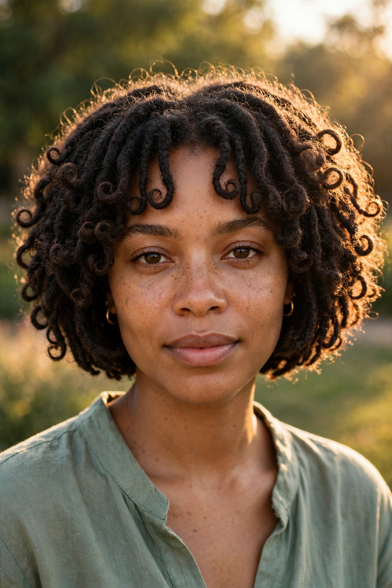 A woman with short bob butterfly locs, photographed from the front in warm natural light, showing the full, airy texture and rounded shape.
