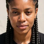 A woman with classic straight-back Ghana braids, photographed from the front in bright daylight against a neutral background, wearing a simple black top, with the raised, sculpted braids clearly visible.