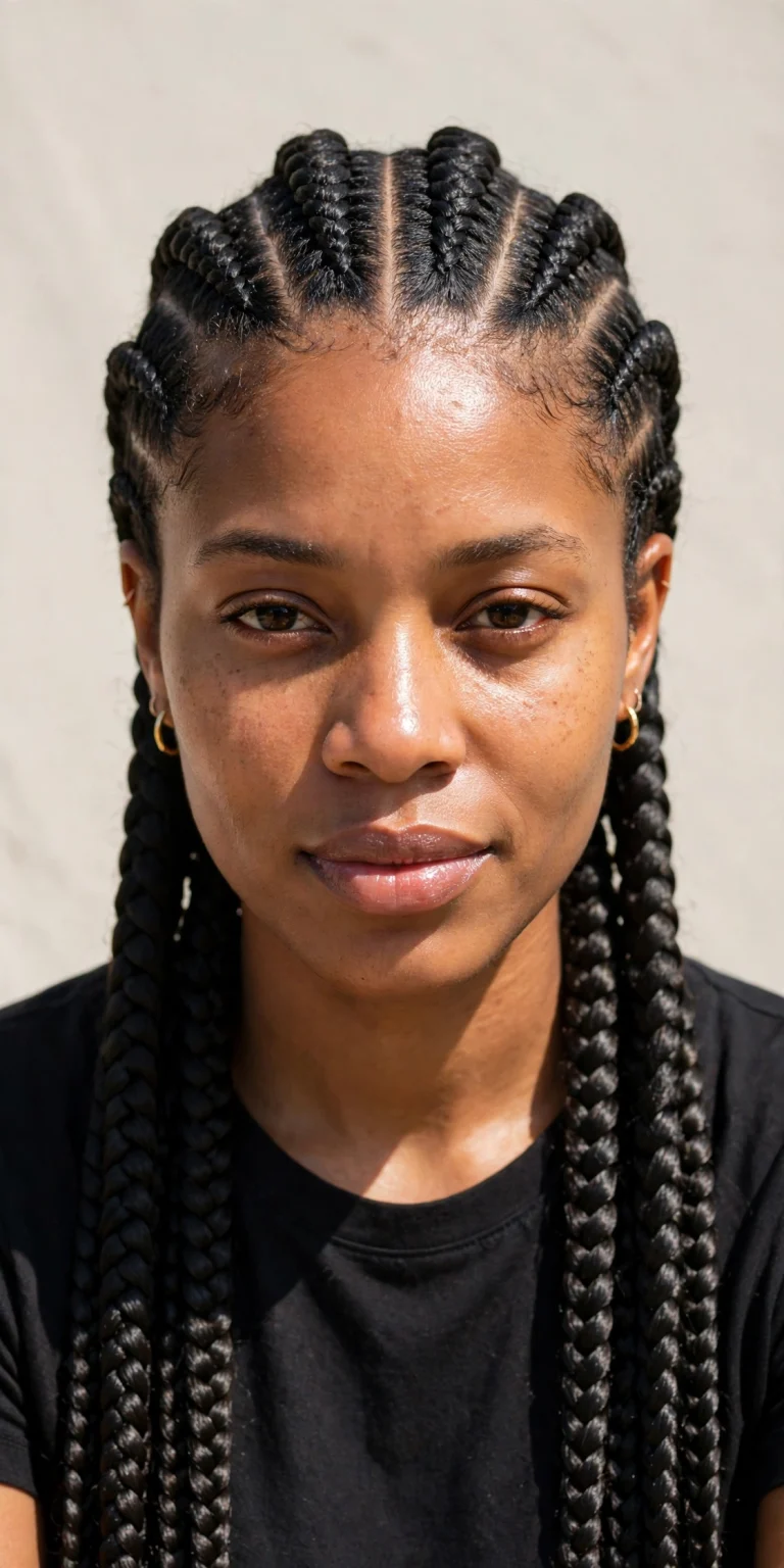 A woman with classic straight-back Ghana braids, photographed from the front in bright daylight against a neutral background, wearing a simple black top, with the raised, sculpted braids clearly visible.
