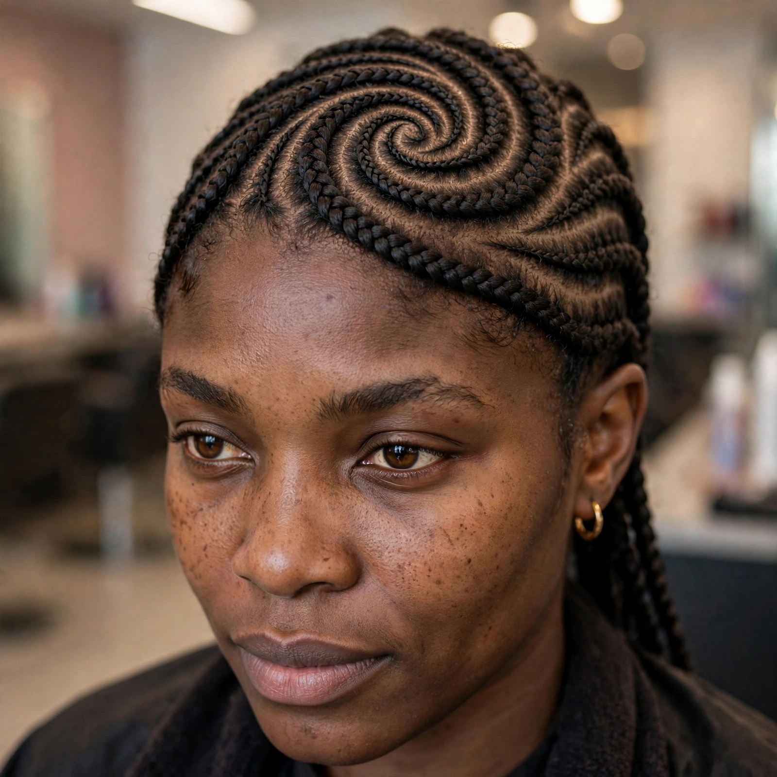 Close-up of a woman with Ghana braids in a curved swirl pattern, in soft salon light, showing the detailed braid design across the scalp.
