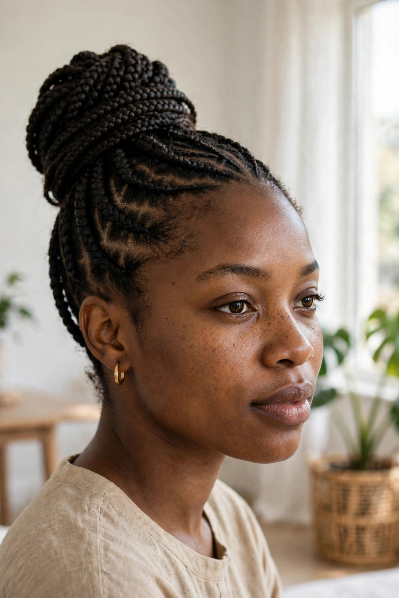A woman with Ghana braids gathered into a high bun, photographed in a bright room with window light, from a three-quarter angle.