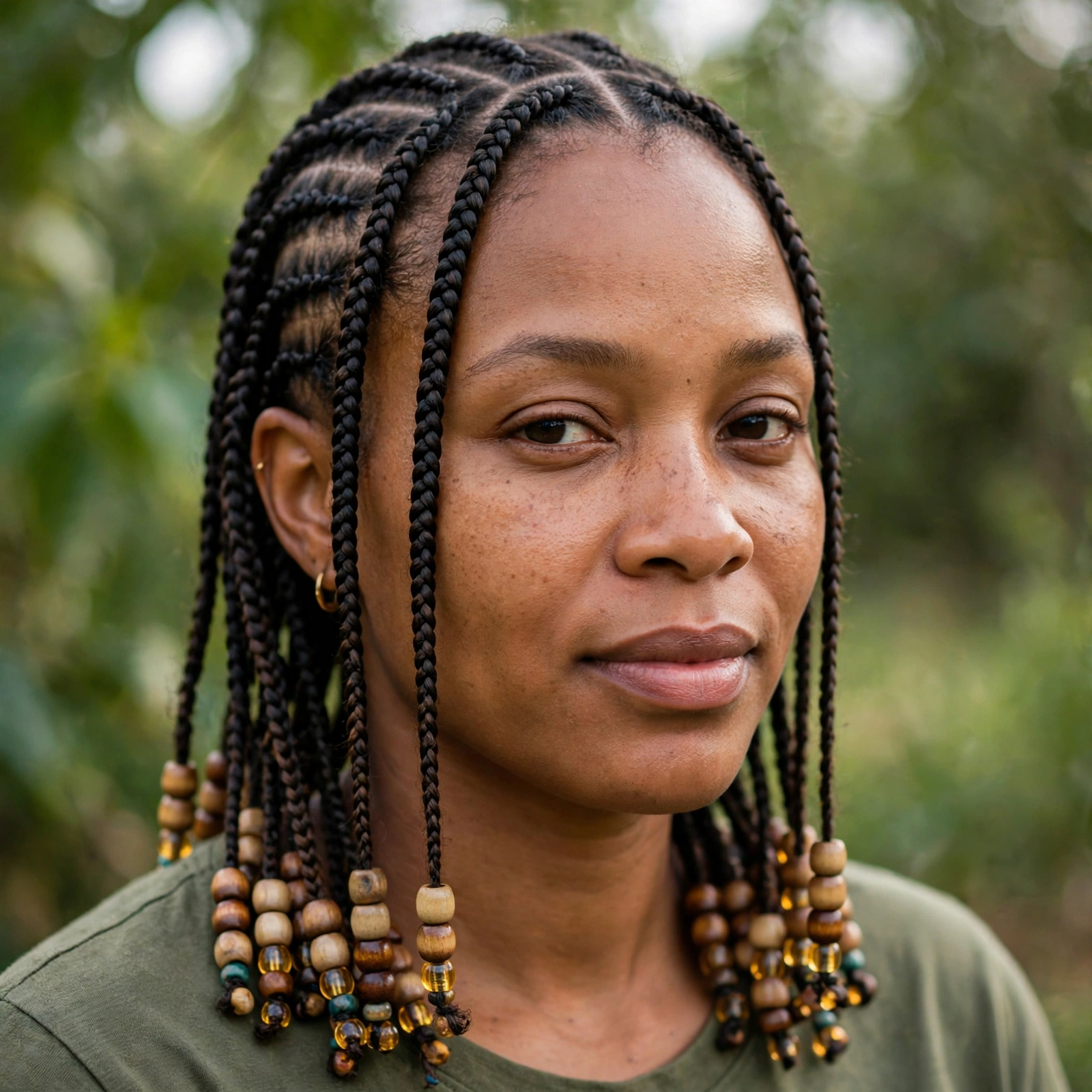 A woman with Ghana braids and beaded ends, photographed outdoors in gentle daylight with blurred greenery behind her, from the shoulders up, with wooden and amber-toned beads.