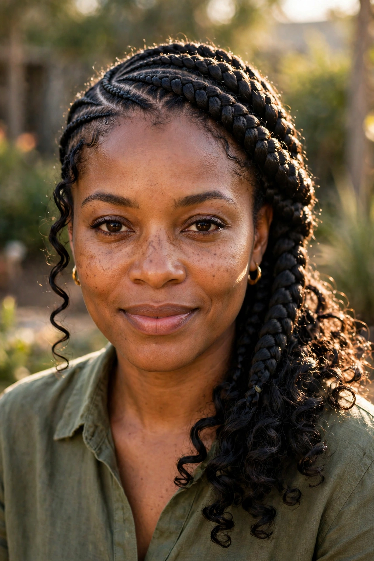 A woman with Ghana braids in a side-swept style with curly ends, photographed from the front in warm natural light, showing the bold pattern and soft ends.