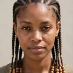 A woman with classic Fulani braids, photographed from the front in bright daylight against a neutral background, wearing a simple earth-toned top, with the centre cornrow, side braids, wooden brown beads and gold cuffs clearly visible.