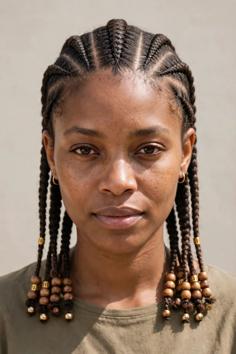 A woman with classic Fulani braids, photographed from the front in bright daylight against a neutral background, wearing a simple earth-toned top, with the centre cornrow, side braids, wooden brown beads and gold cuffs clearly visible.
