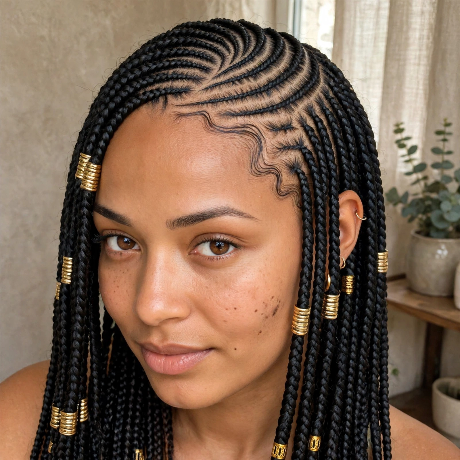 Close-up of a woman with Fulani braids and golden cuffs, in soft indoor light, showing the detailed face-framing braids and decorations in a curved swirl cornrow layout.