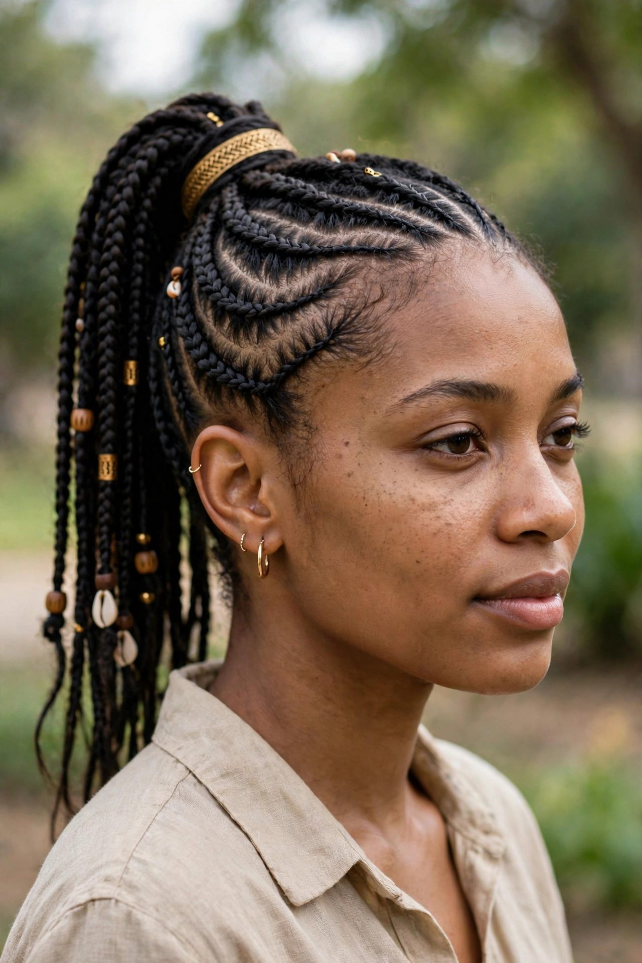 A woman with Fulani braids in a high ponytail, photographed outdoors in gentle daylight with blurred greenery behind her, from a three-quarter angle, with cowrie shells mixed with wooden beads and gold cuffs.