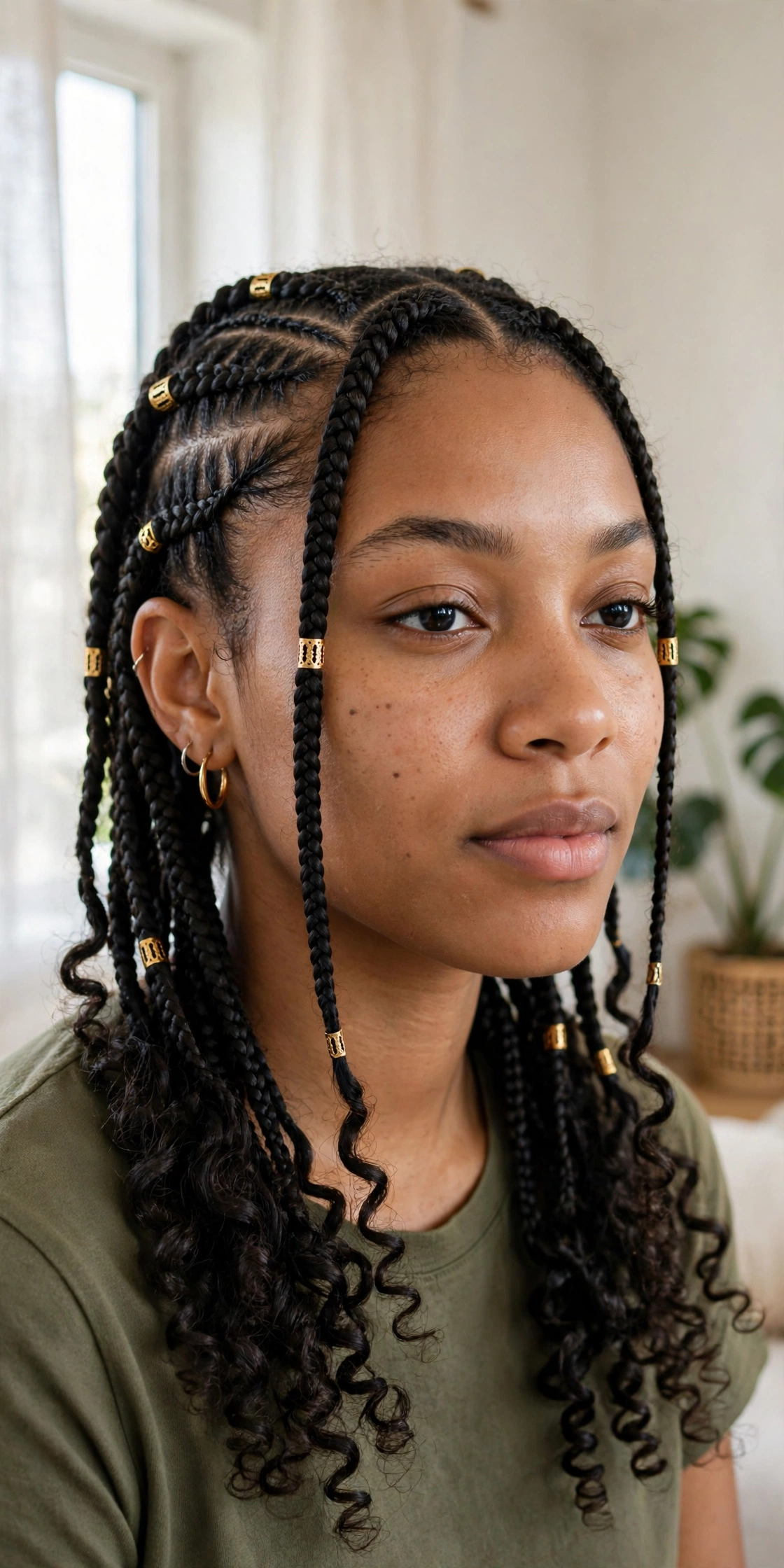 A woman with Fulani braids and curly ends with gold cuffs, photographed in a bright room with window light, from the shoulders up.