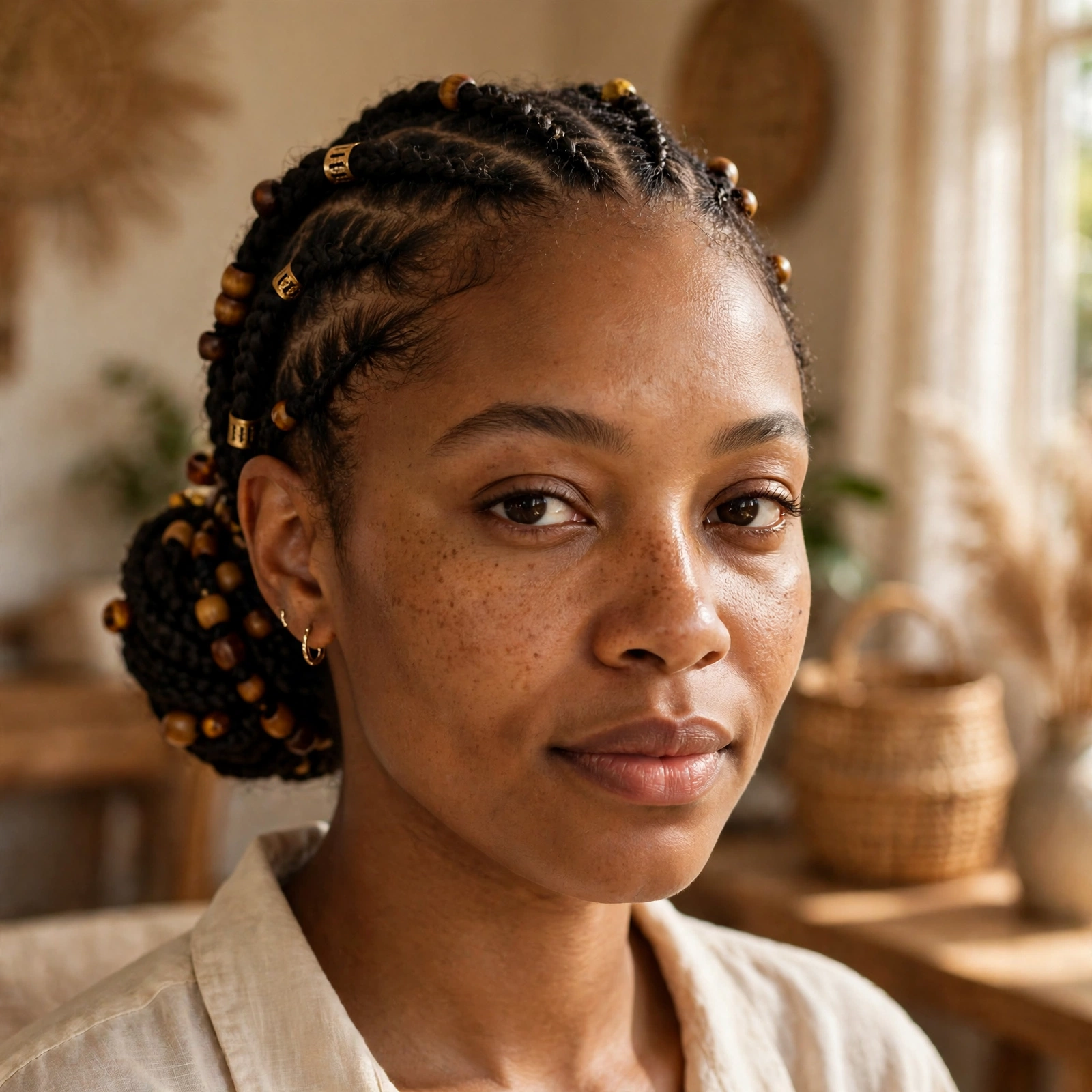 A woman with Fulani braids in a low bun with wooden beads, photographed from the front in warm natural light, showing the cultural classic layout and ornaments.