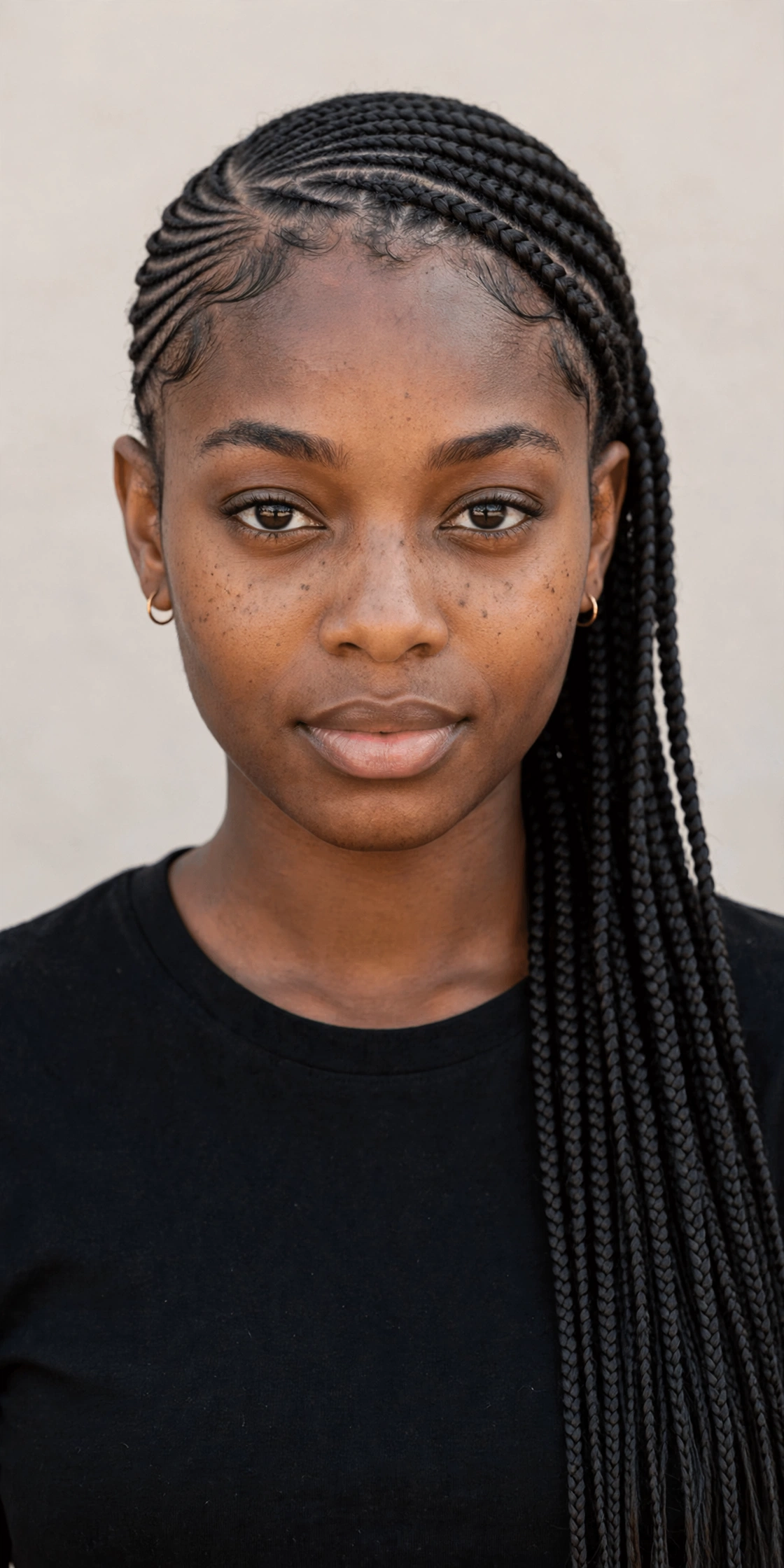 A woman with classic side-swept lemonade braids, photographed from the front in bright daylight against a neutral background, wearing a simple black top, with the small cornrows swept to one side clearly visible.
