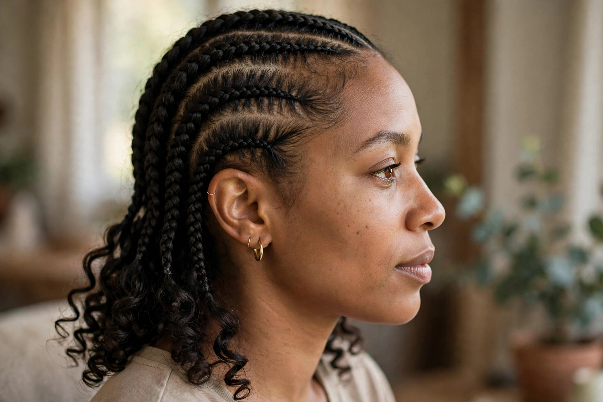 Close-up side view of a woman with lemonade braids and curly ends, in soft indoor light, showing the neat cornrow pattern and soft ends.
