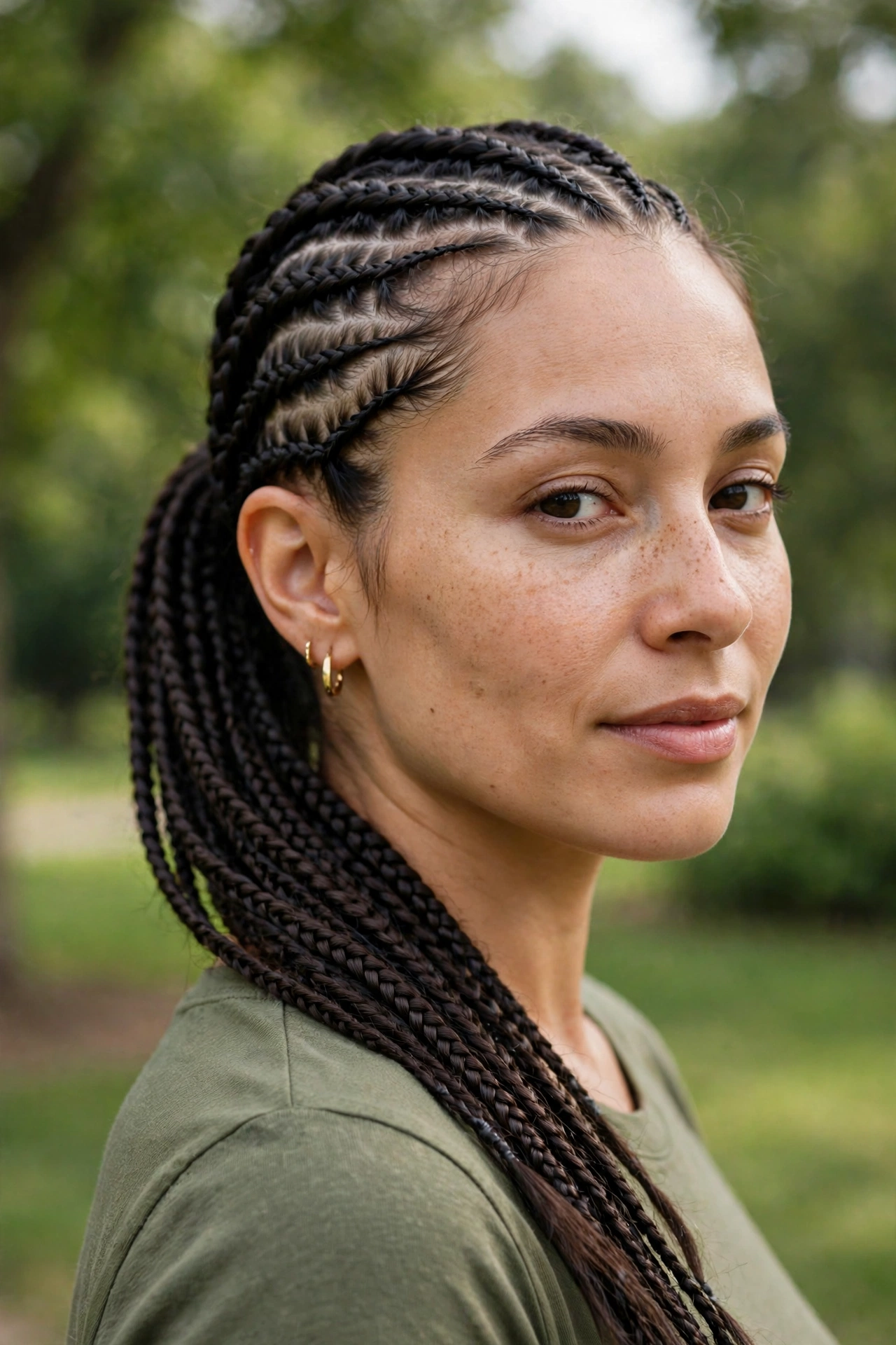 A woman with lemonade braids in a side ponytail, photographed outdoors in gentle daylight with blurred greenery behind her, from a three-quarter angle.