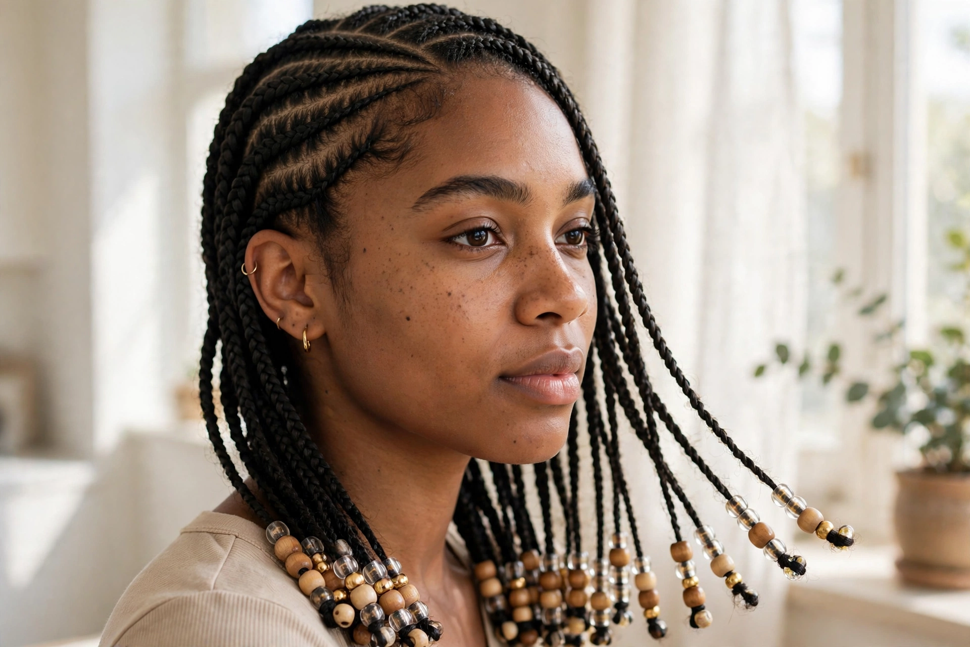 A woman with lemonade braids and beaded ends, photographed in a bright room with window light, from the shoulders up, with a mix of wooden, clear and gold beads.