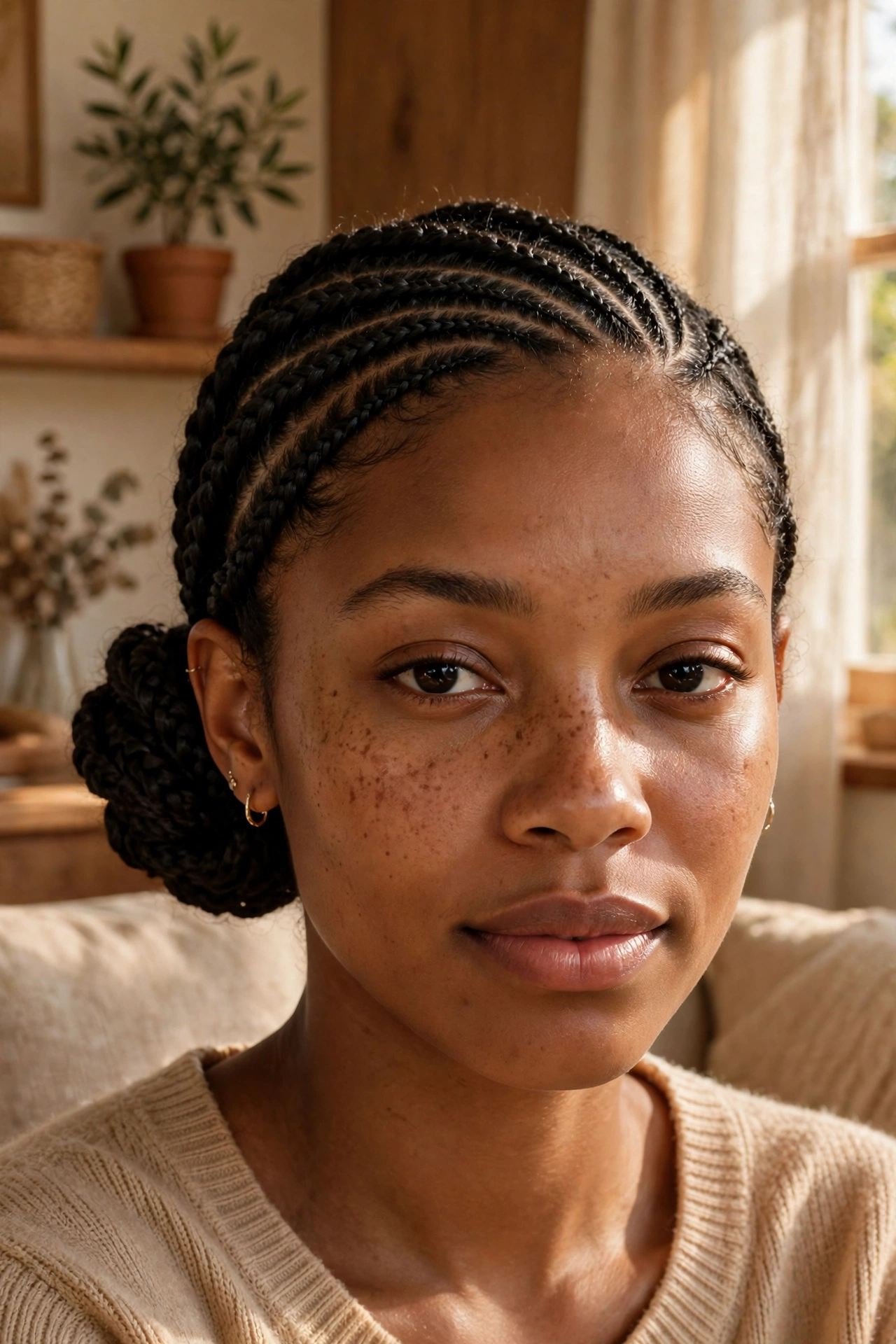 A woman with lemonade braids in a low side bun, photographed from the front in warm natural light, showing the sleek side-swept silhouette.