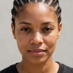 A woman with classic straight-back stitch braids, photographed from the front in bright daylight against a neutral background, wearing a simple dark top, with the crisp stitched partings clearly visible.