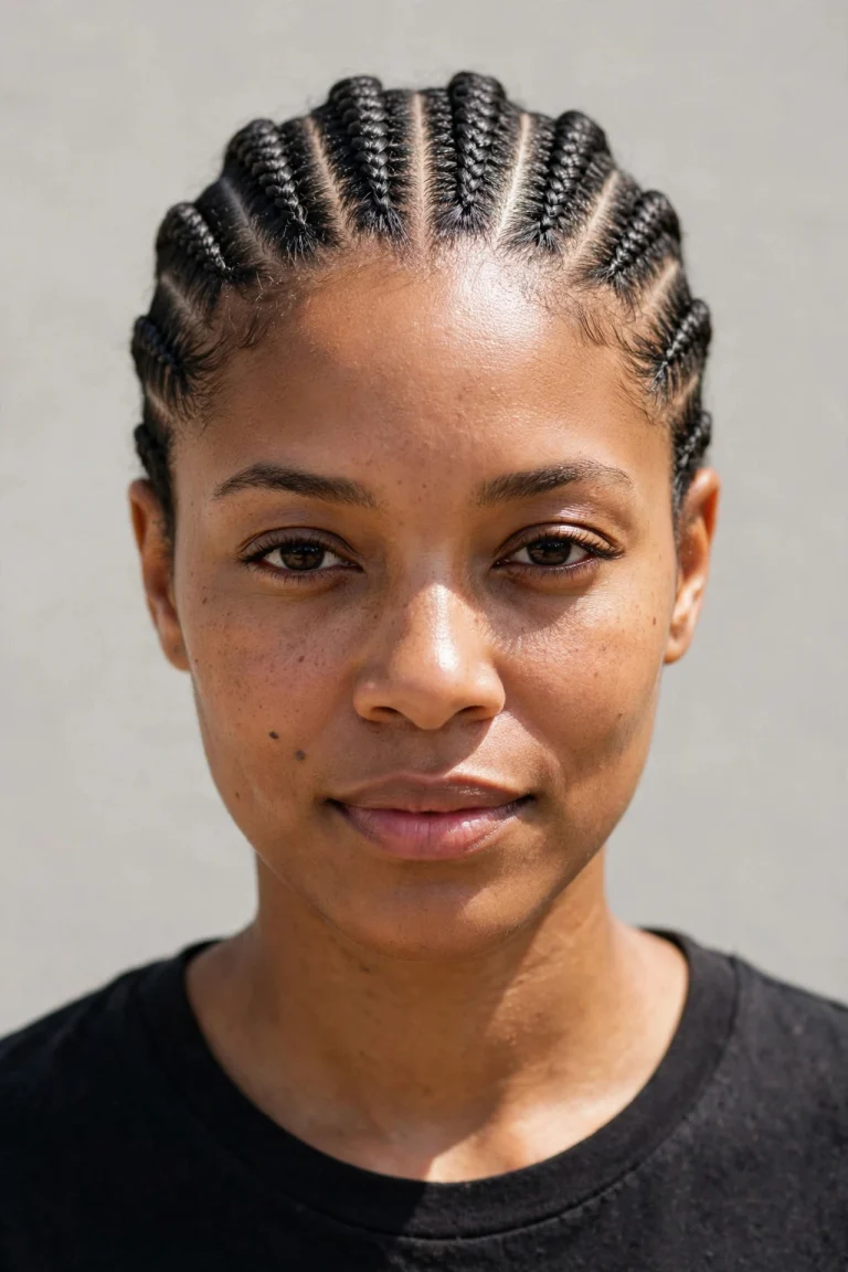 A woman with classic straight-back stitch braids, photographed from the front in bright daylight against a neutral background, wearing a simple dark top, with the crisp stitched partings clearly visible.