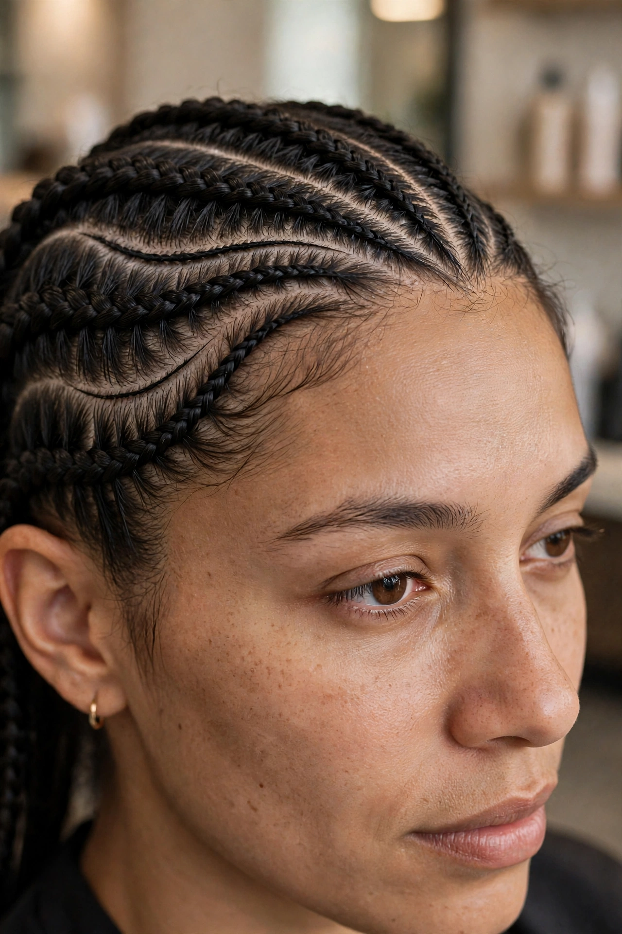 Close-up of a woman with stitch braids in a curved design, in soft salon light, showing the fine, precise parting lines between the braids.