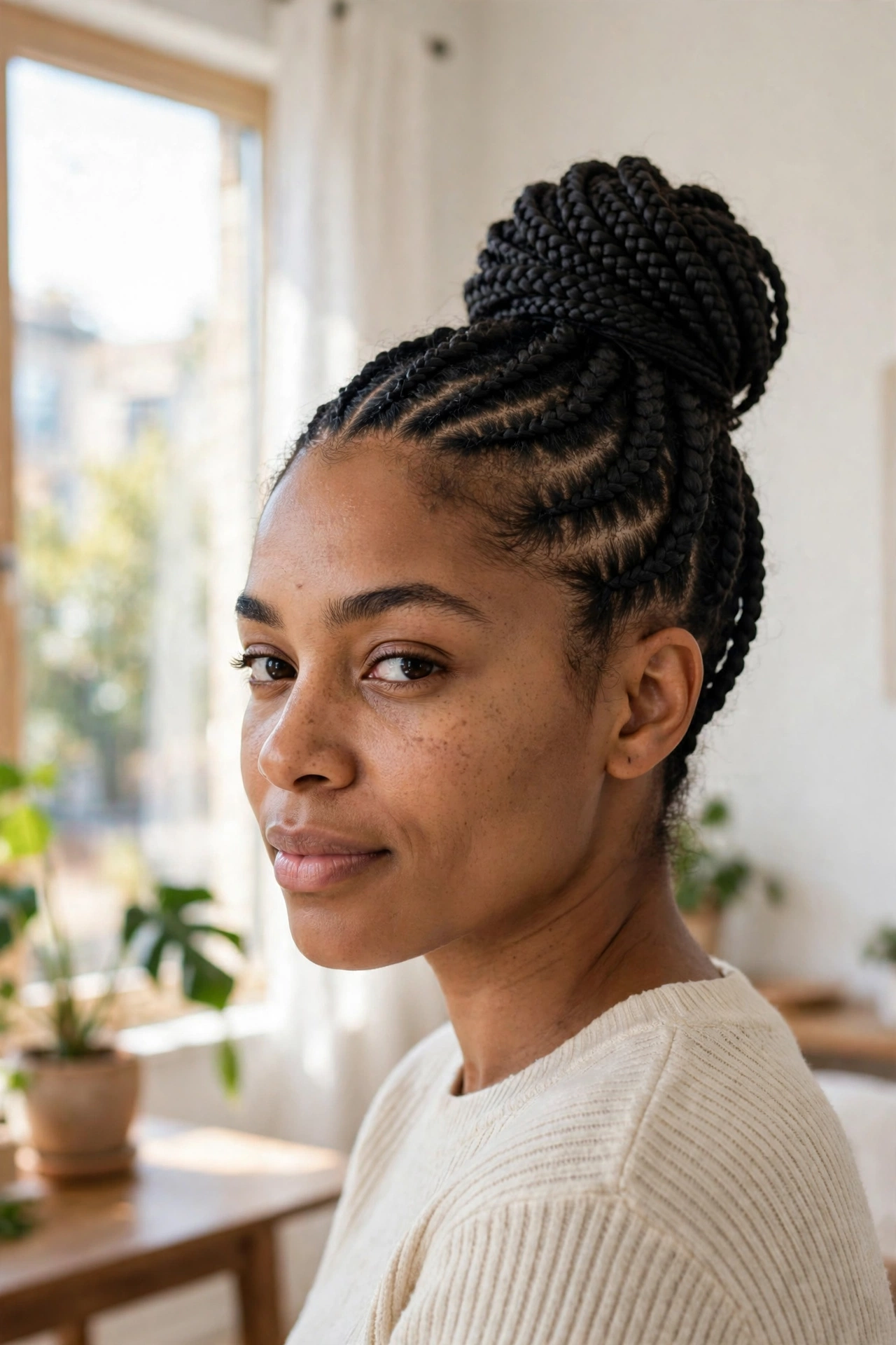A woman with stitch braids gathered into a large high bun, photographed in a bright room with window light, from a three-quarter angle, wearing a cream sweater.