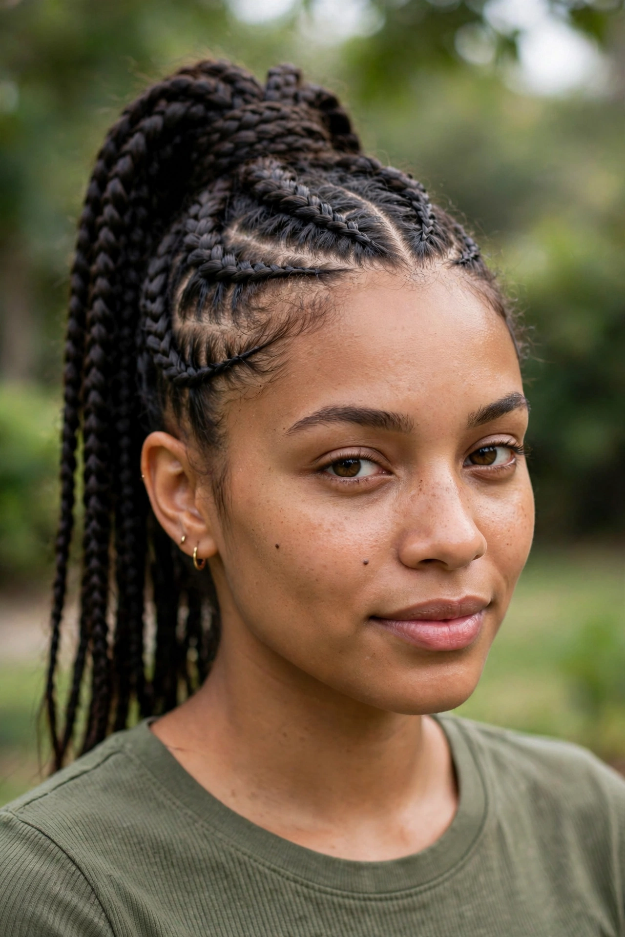 A woman with stitch braids in a high ponytail, photographed outdoors in gentle daylight with blurred greenery behind her, from the shoulders up, with long braids and an olive top.