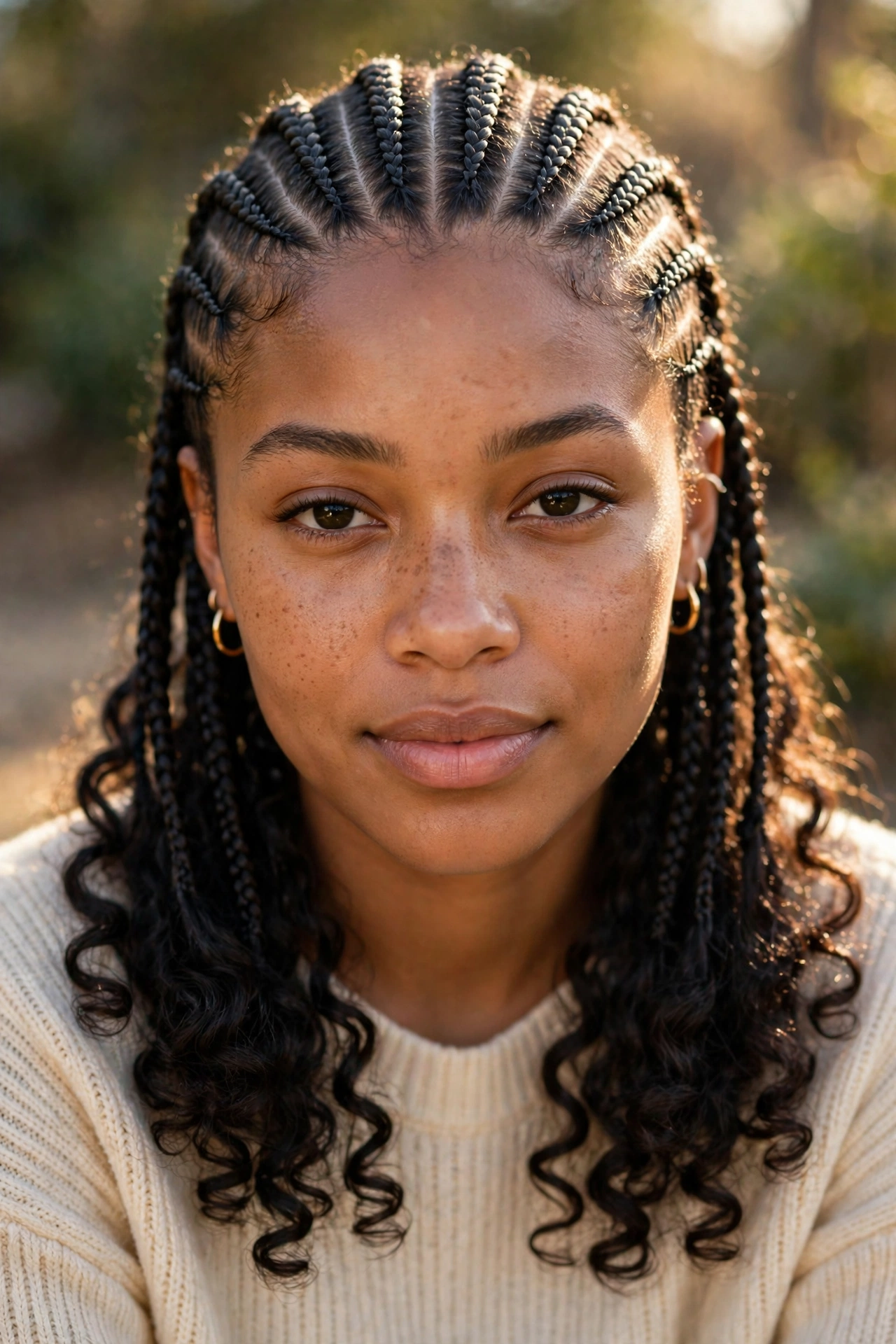A woman with stitch braids and curly ends, photographed from the front in warm natural light, showing the clean scalp lines and soft ends, wearing a cream sweater.