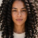 A woman with big curly crochet braids, photographed from the front in bright daylight against a neutral background, wearing a simple cream top, with the full, voluminous curl shape clearly visible.