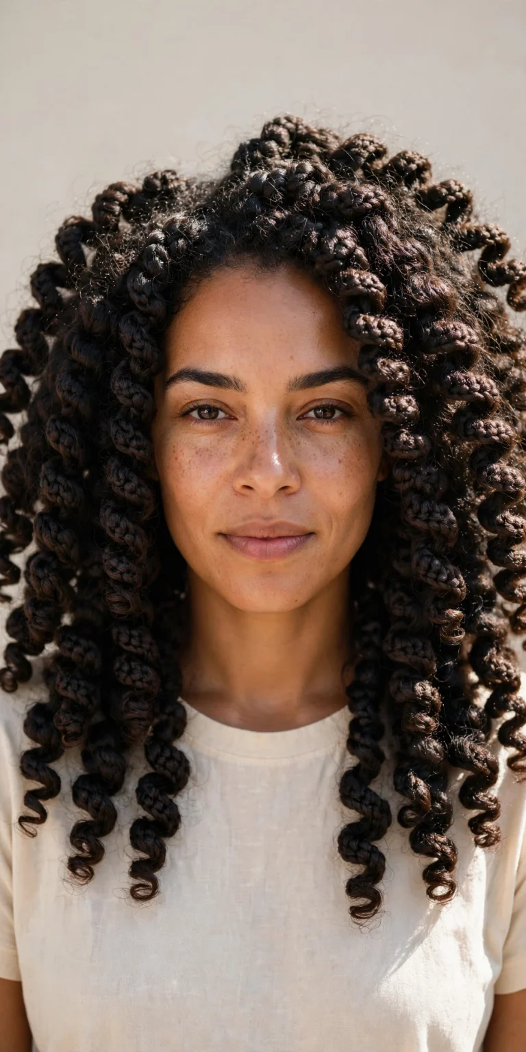 A woman with big curly crochet braids, photographed from the front in bright daylight against a neutral background, wearing a simple cream top, with the full, voluminous curl shape clearly visible.