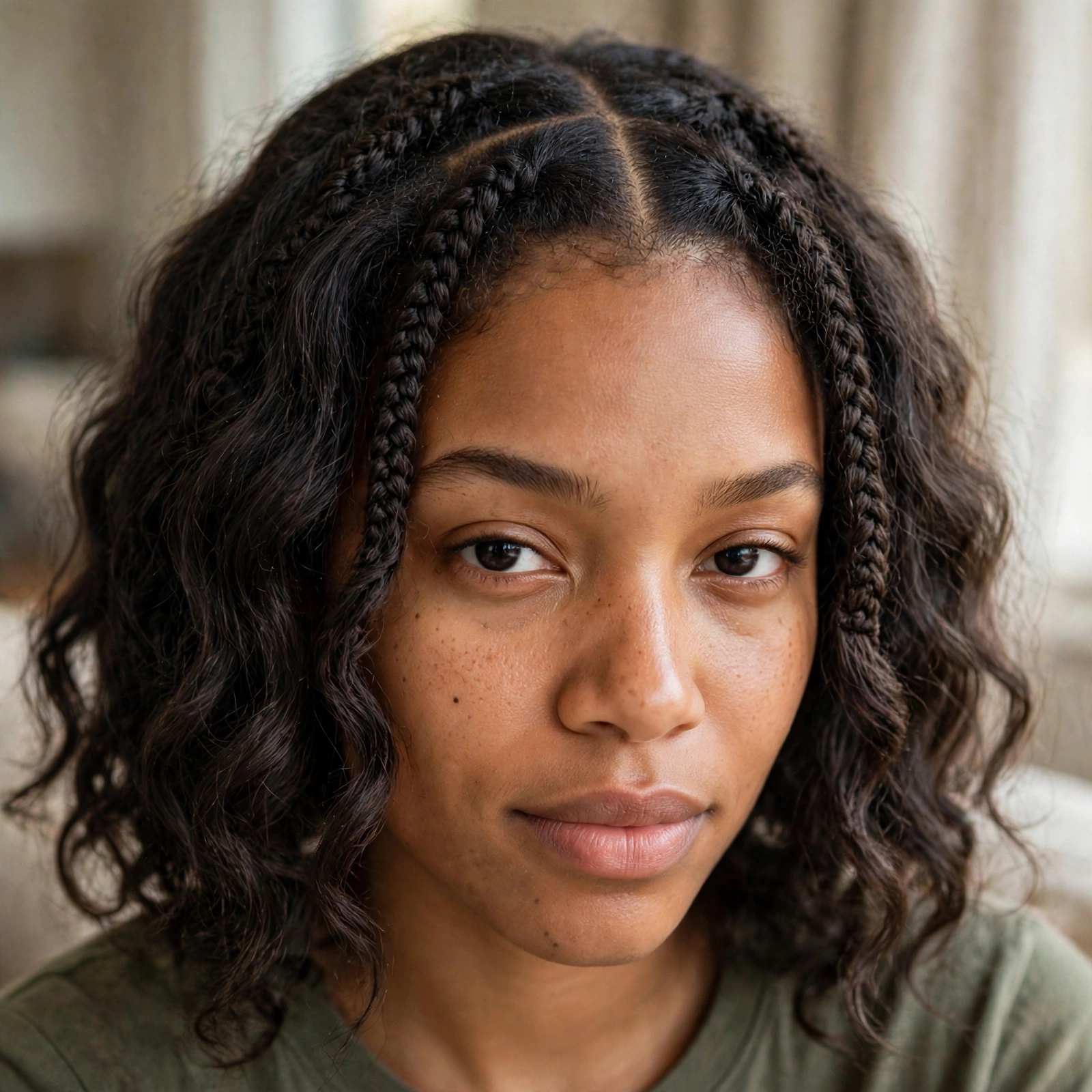 Close-up of a woman with crochet braids in loose waves with a centre part, in soft indoor light, showing the full texture and neat parting, with small braided front sections framing the face.