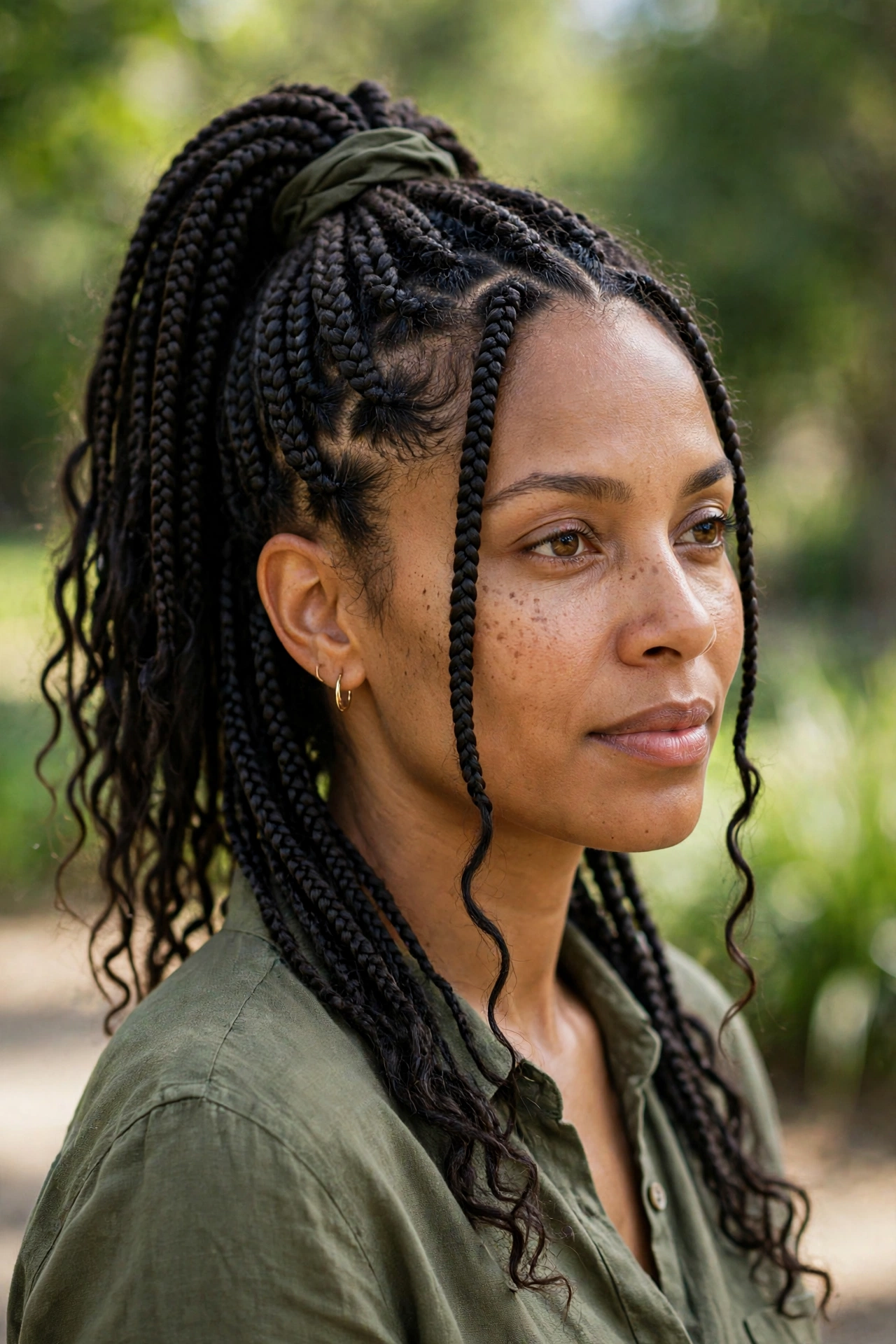 A woman with crochet braids in a high ponytail tied with an olive-green fabric wrap, photographed outdoors in gentle daylight with blurred greenery behind her, from a three-quarter angle, the braids with curly wavy ends.