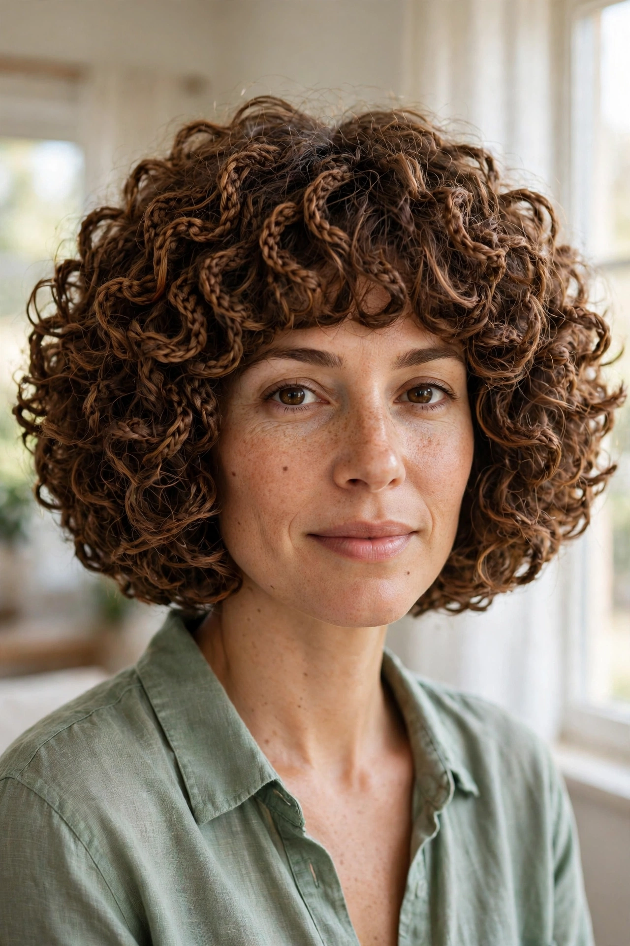 A woman with a voluminous crochet bob in medium-brown auburn tones with small braids woven through the curls, photographed in a bright room with window light, from the shoulders up.